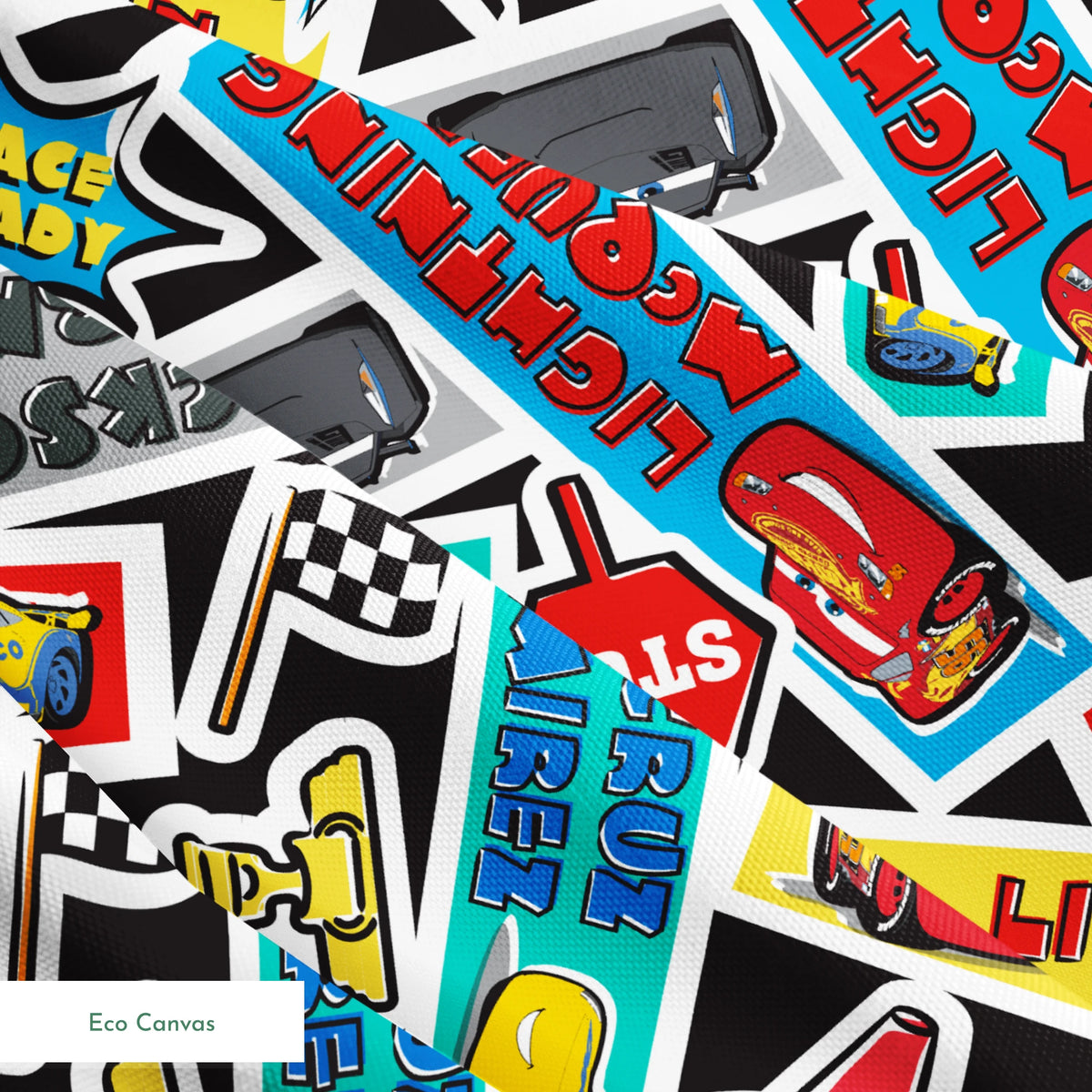 Colorful Cars movie stickers featuring Lightning McQueen, racing themes, and car motifs in vibrant colors. springs ecocanvas texture