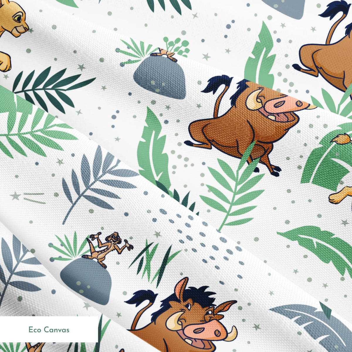 Cartoon lion cubs playing among tropical leaves and plants in green and blue tones on white background springs ecocanvas texture