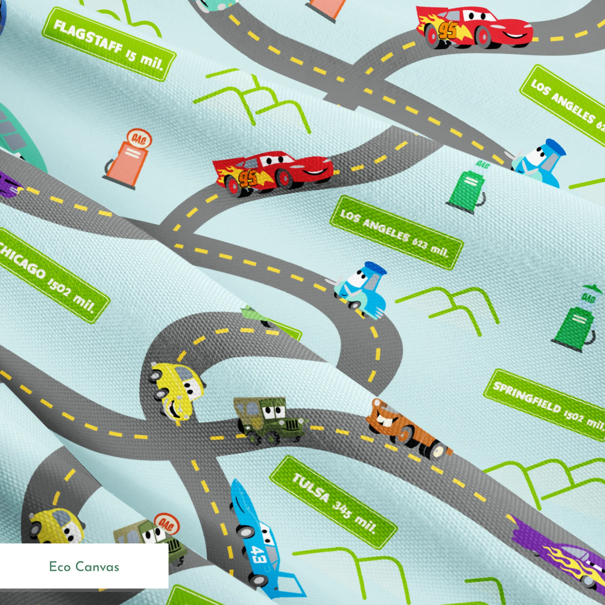 Cars from "Cars" movie on winding road with green speech bubbles showing different car brands and gas stations. springs ecocanvas texture