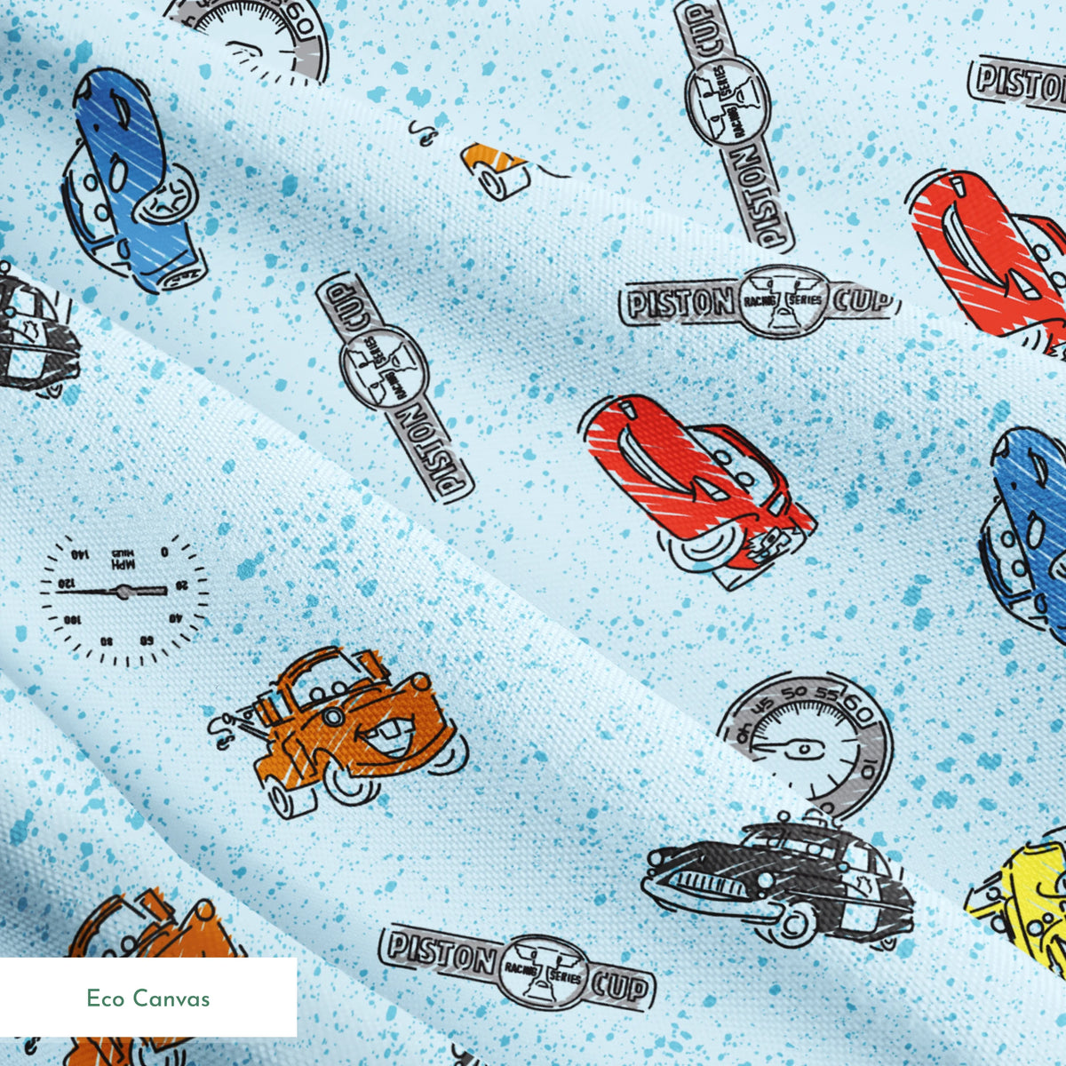 Colorful cartoon cars and watches scattered on a light blue speckled background pattern springs ecocanvas texture
