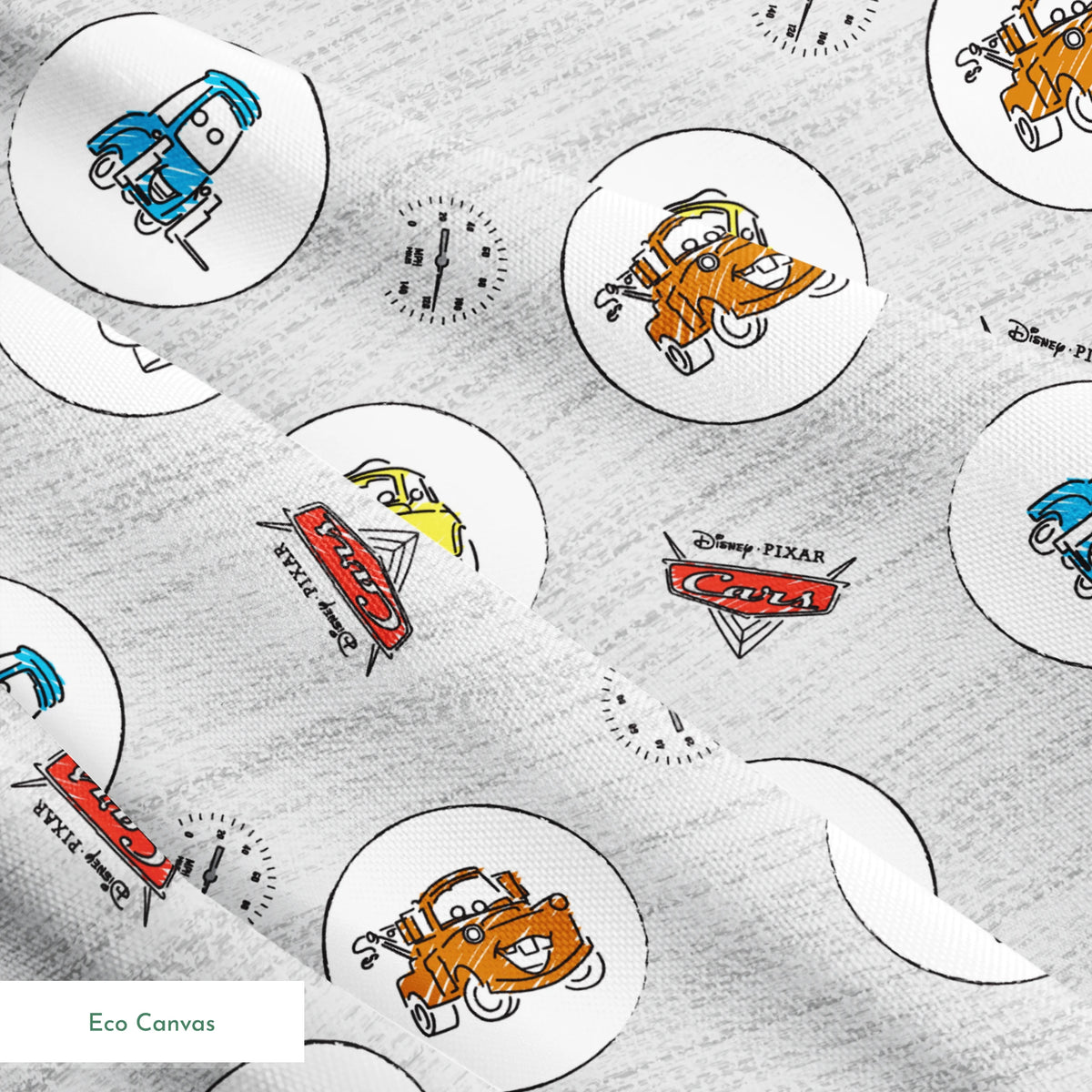 Cartoon Cars movie characters in white circles on a light gray sketched background with Cars logos springs ecocanvas texture