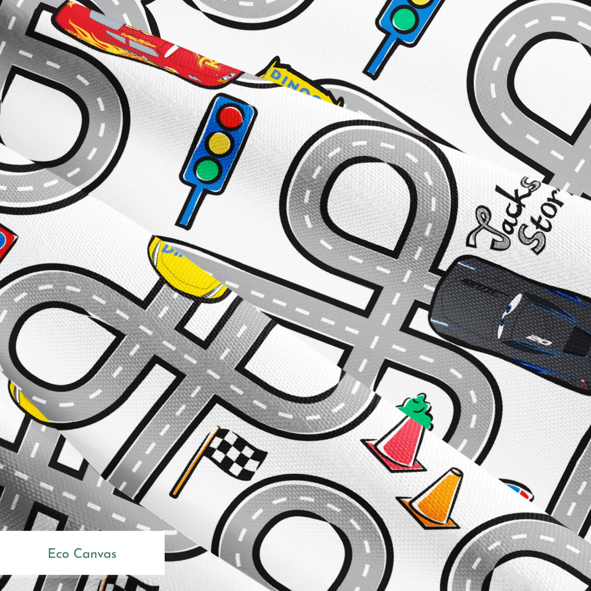 Cartoon road map with cars, traffic signs, and "Cruz Ramirez" label on winding gray streets springs ecocanvas texture