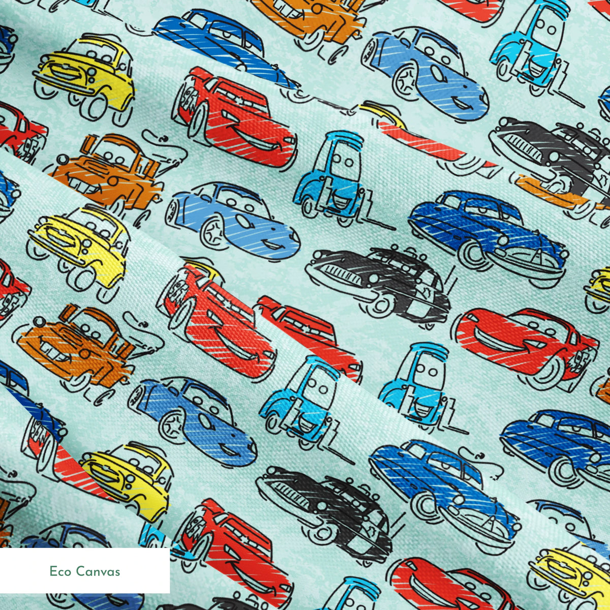 Colorful cartoon cars pattern including red racecars, blue sedans, yellow coupes, and tow trucks on light blue background springs ecocanvas texture