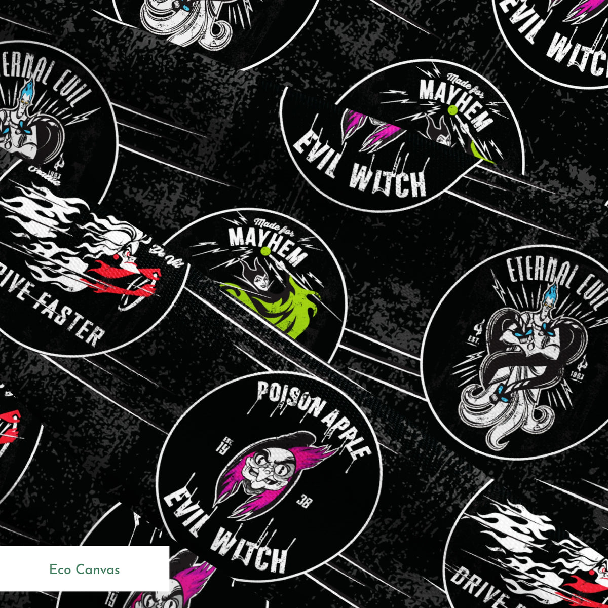 Punk-style Disney Villain circular badges including "Eternal Evil," "Live Fast Drive Faster," and green "Mayhem" designs on black background springs ecocanvas texture