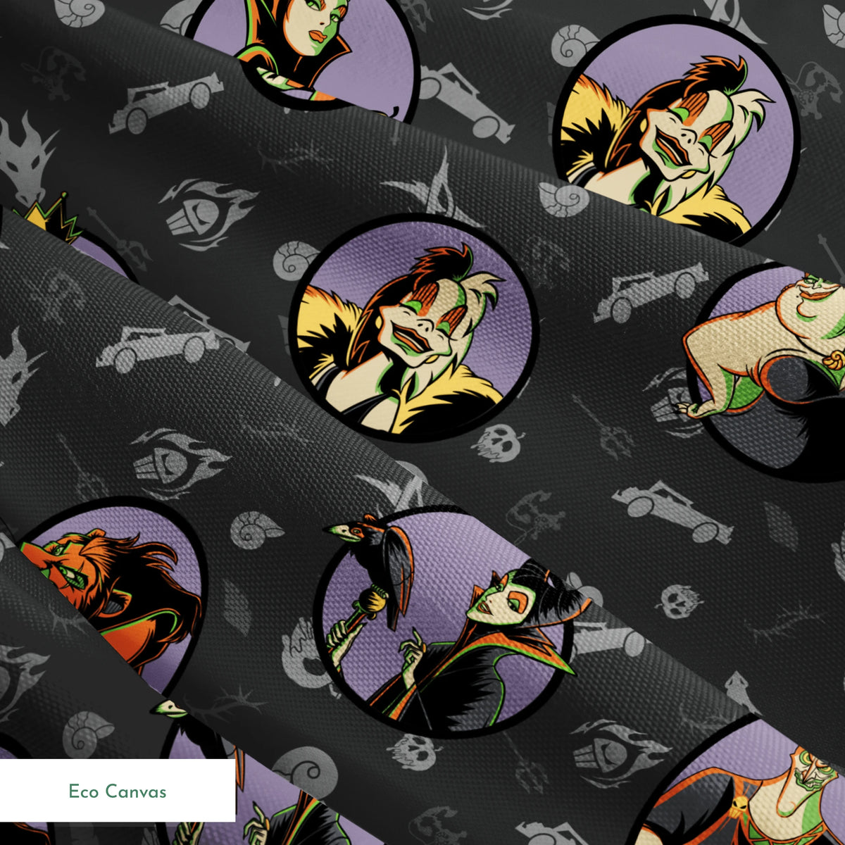 Cartoon Disney villains in purple circles on dark gray background with villain-themed icons springs ecocanvas texture