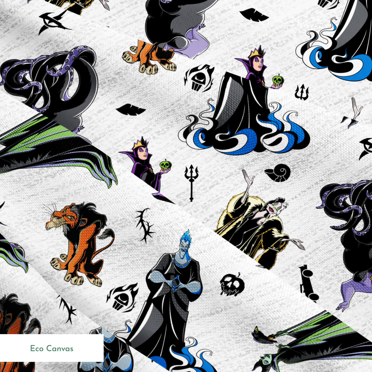Disney villains pattern with stylized character silhouettes in black, purple, green, and orange on textured white background springs ecocanvas texture