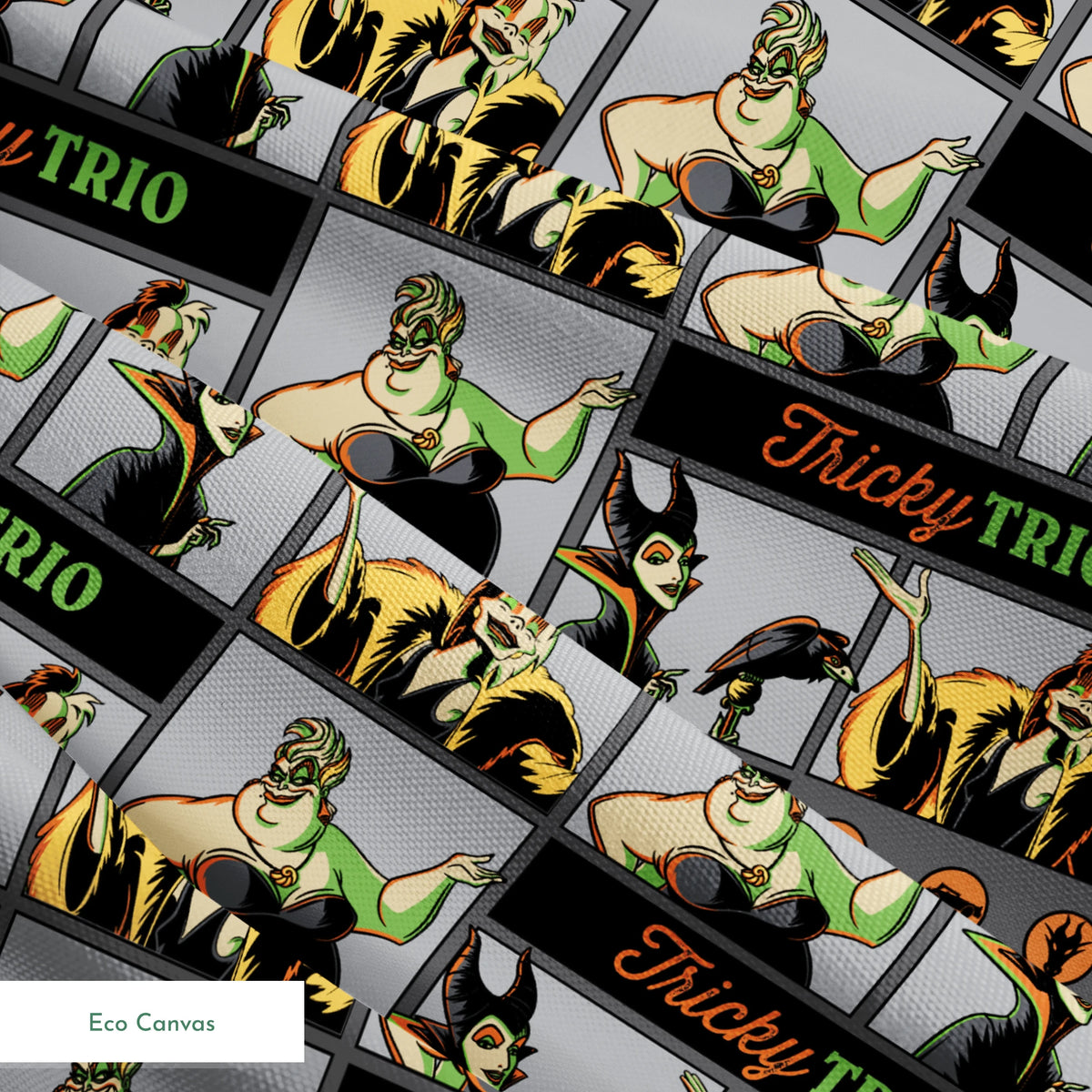 Cartoon-style villains "Tricky Trio" pattern with Maleficent, Cruella, and Ursula in green and orange text springs ecocanvas texture