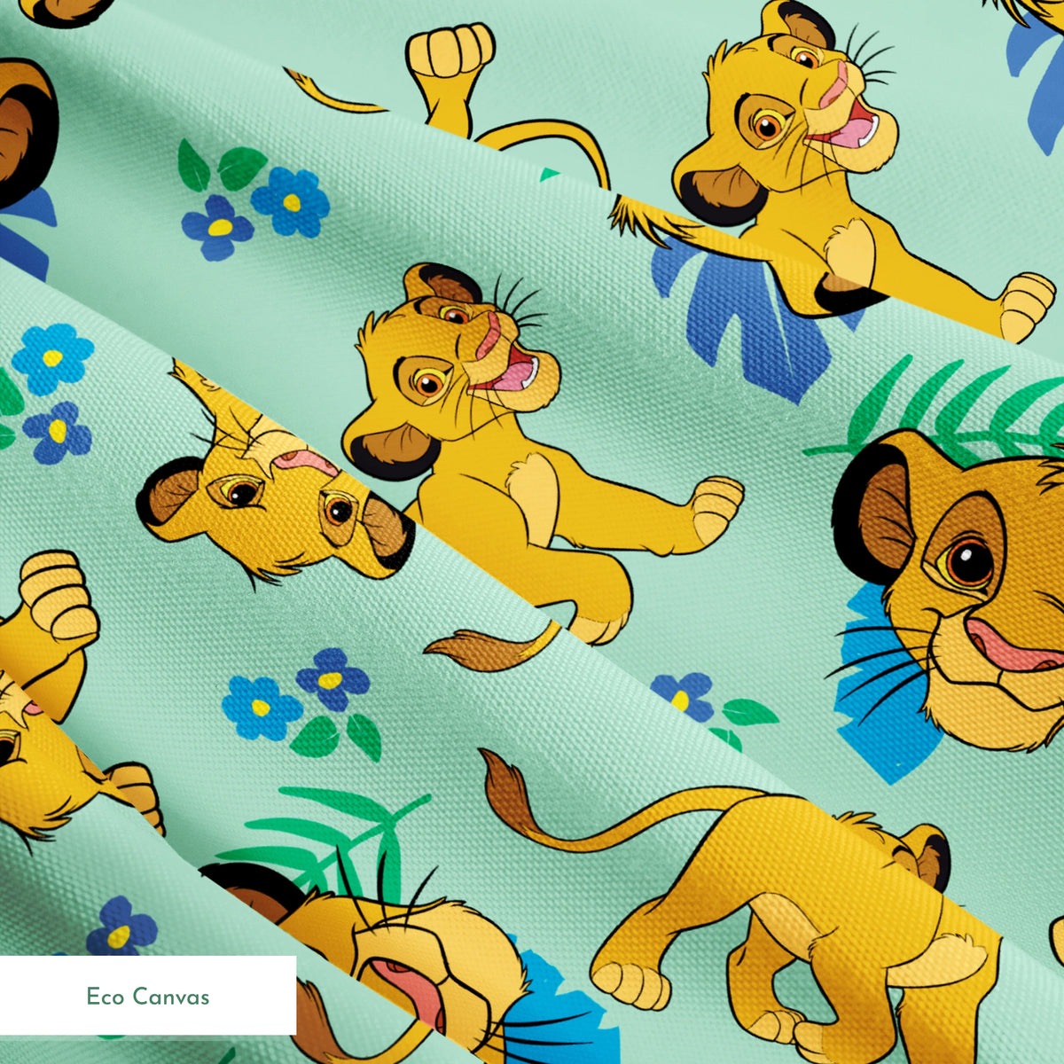 Cartoon lion cubs playing on mint green background with blue flowers and green leaves pattern springs ecocanvas texture