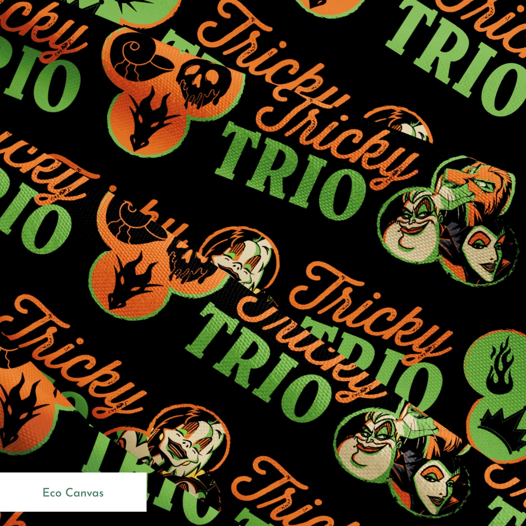 Disney Halloween pattern with "Tricky TRIO" text in orange and green, featuring Disney Villains, pumpkins, and ghostly designs on black background springs ecocanvas texture