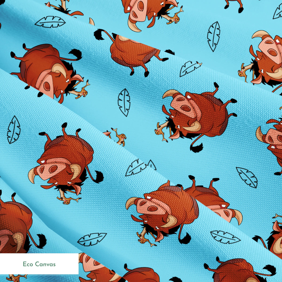 Cheerful Lion King characters with flower crowns dancing on light blue background with leaf patterns springs ecocanvas texture