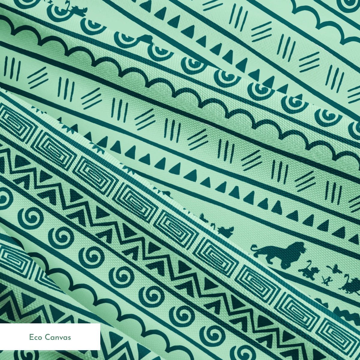 Traditional African-inspired pattern in dark teal on mint green with lions, spirals, triangles, and geometric motifs springs ecocanvas texture