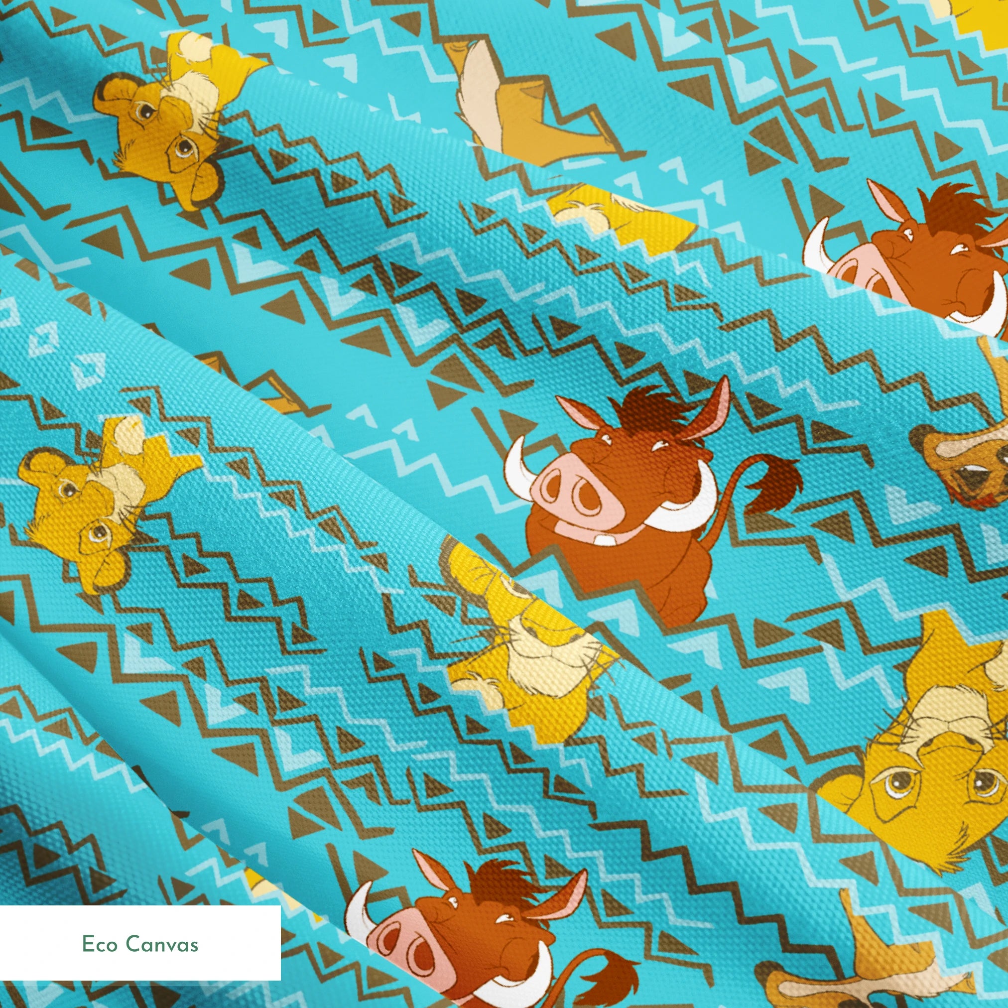 Lion King themed pattern with Simba and Timon characters on turquoise blue background with zigzag stripes springs ecocanvas texture