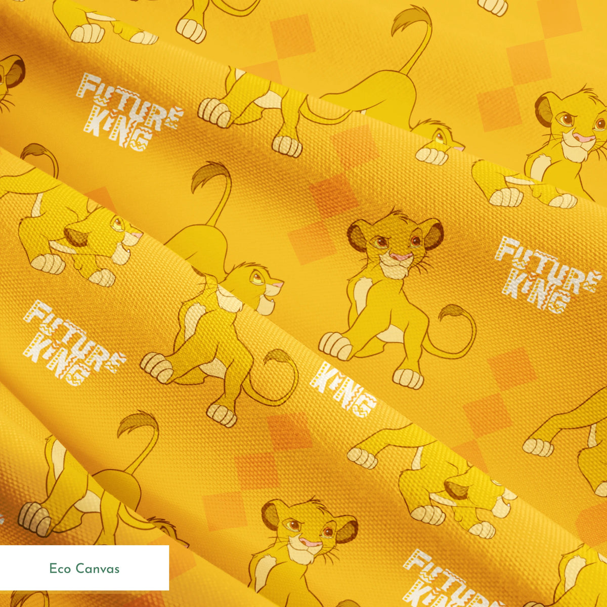 Young lion cub cartoon pattern on orange diamond background with "Future King" text springs ecocanvas texture