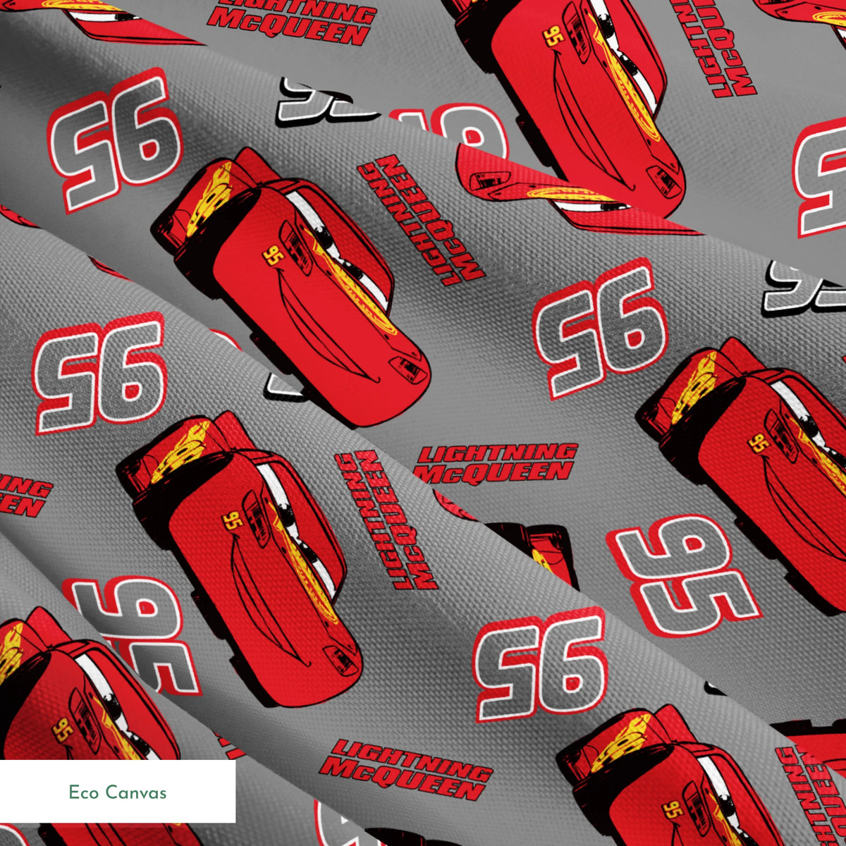 Lightning McQueen pattern with red race cars and number 95 on gray background springs ecocanvas texture