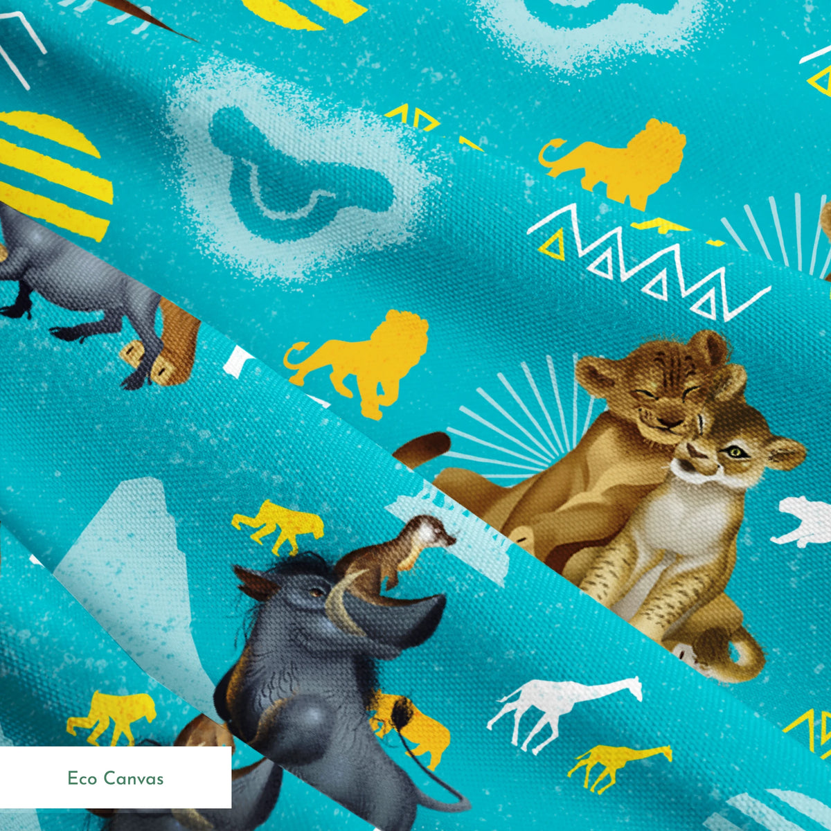 Animated lions pattern on turquoise background with geometric shapes and tribal designs springs ecocanvas texture