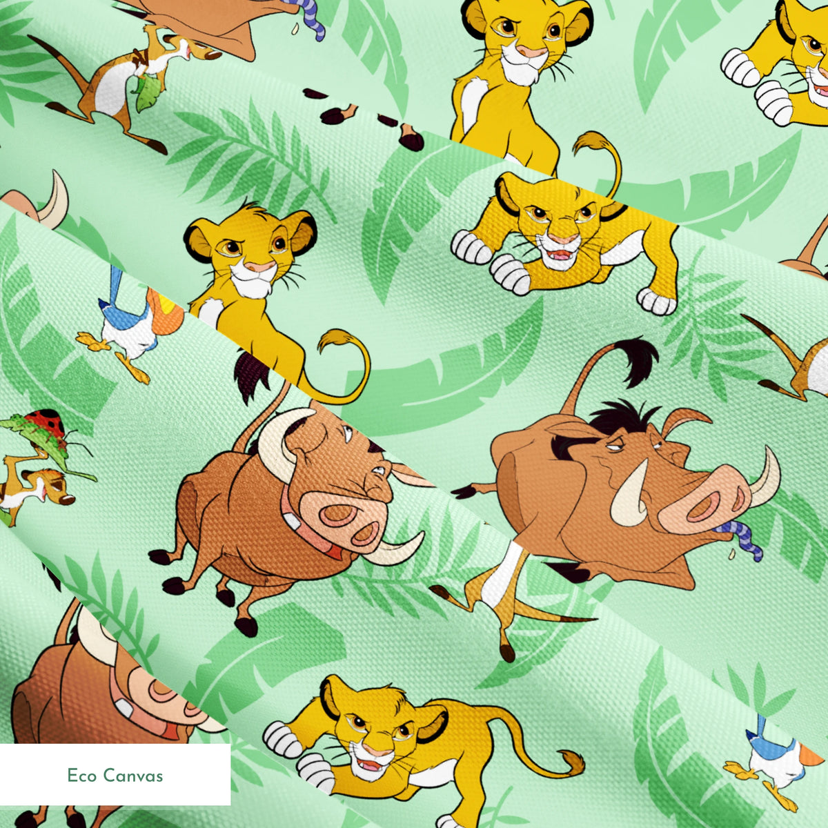A repeating pattern of Lion King characters - Simba, Timon, Pumbaa, and Zazu on a light green leafy background. springs ecocanvas texture