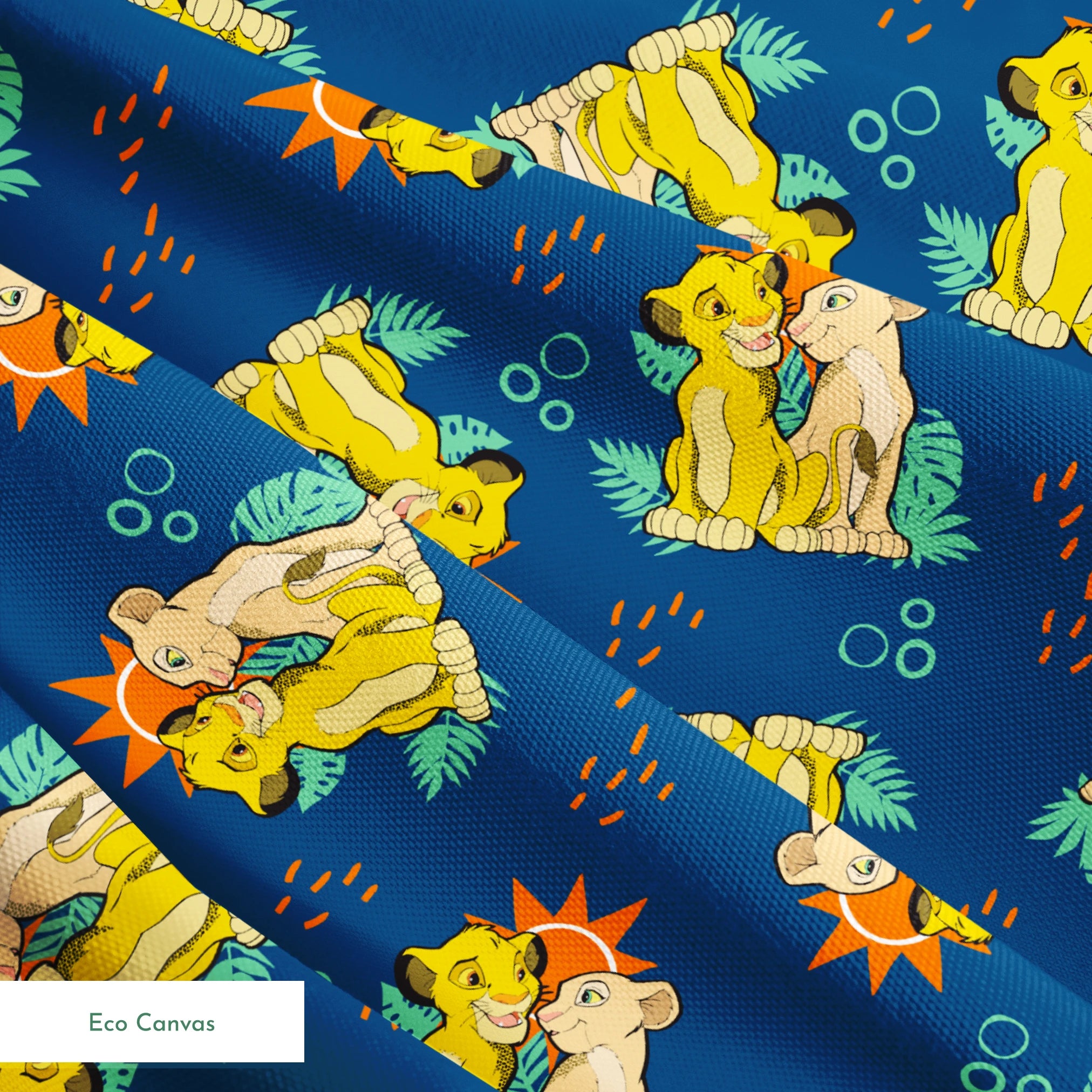 Yellow cartoon lions and pale yellow animals on teal background with tropical leaves, orange sun shapes and bubbles. springs ecocanvas texture