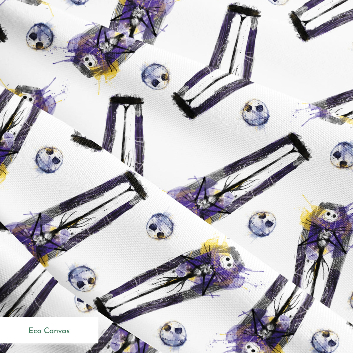 Repeating pattern of stylized gothic figures in black and purple with skull-like faces on white background springs ecocanvas texture