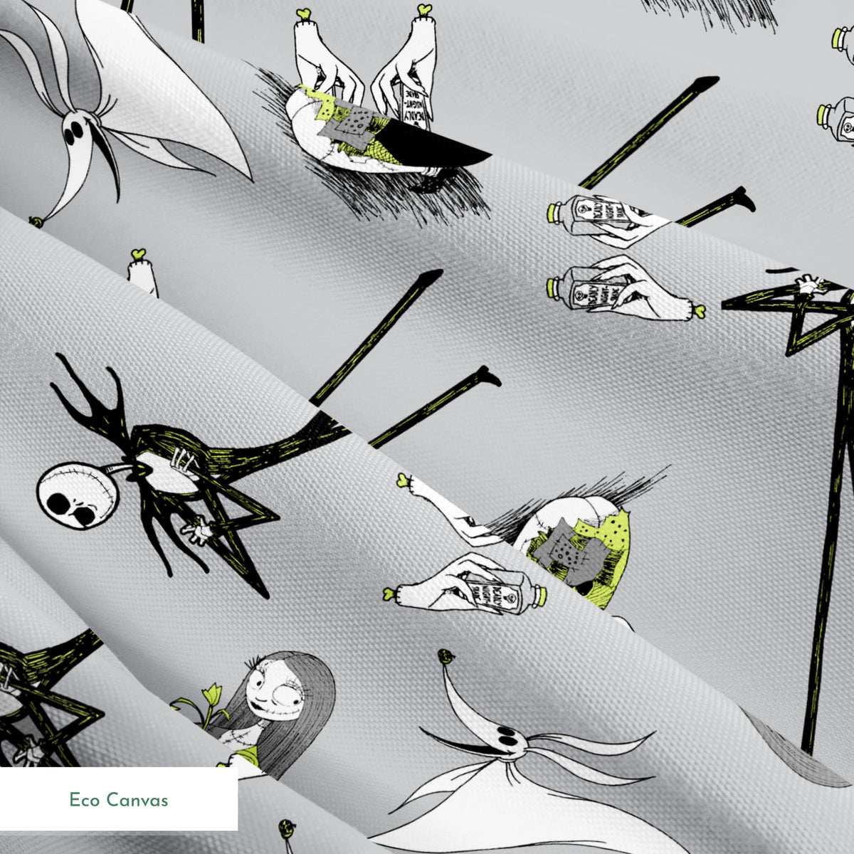 Spooky pattern with stylized ghostly figures, skeletal creatures, and green accents on gray background springs ecocanvas texture