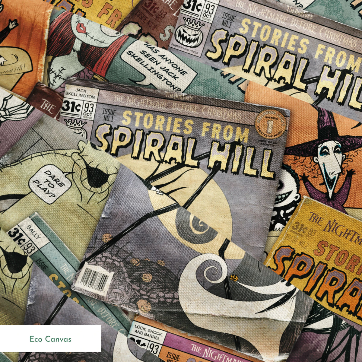 Vintage-style comic books featuring "Stories from Spiral Hill" with spooky skeletal characters on orange and gray covers springs ecocanvas texture
