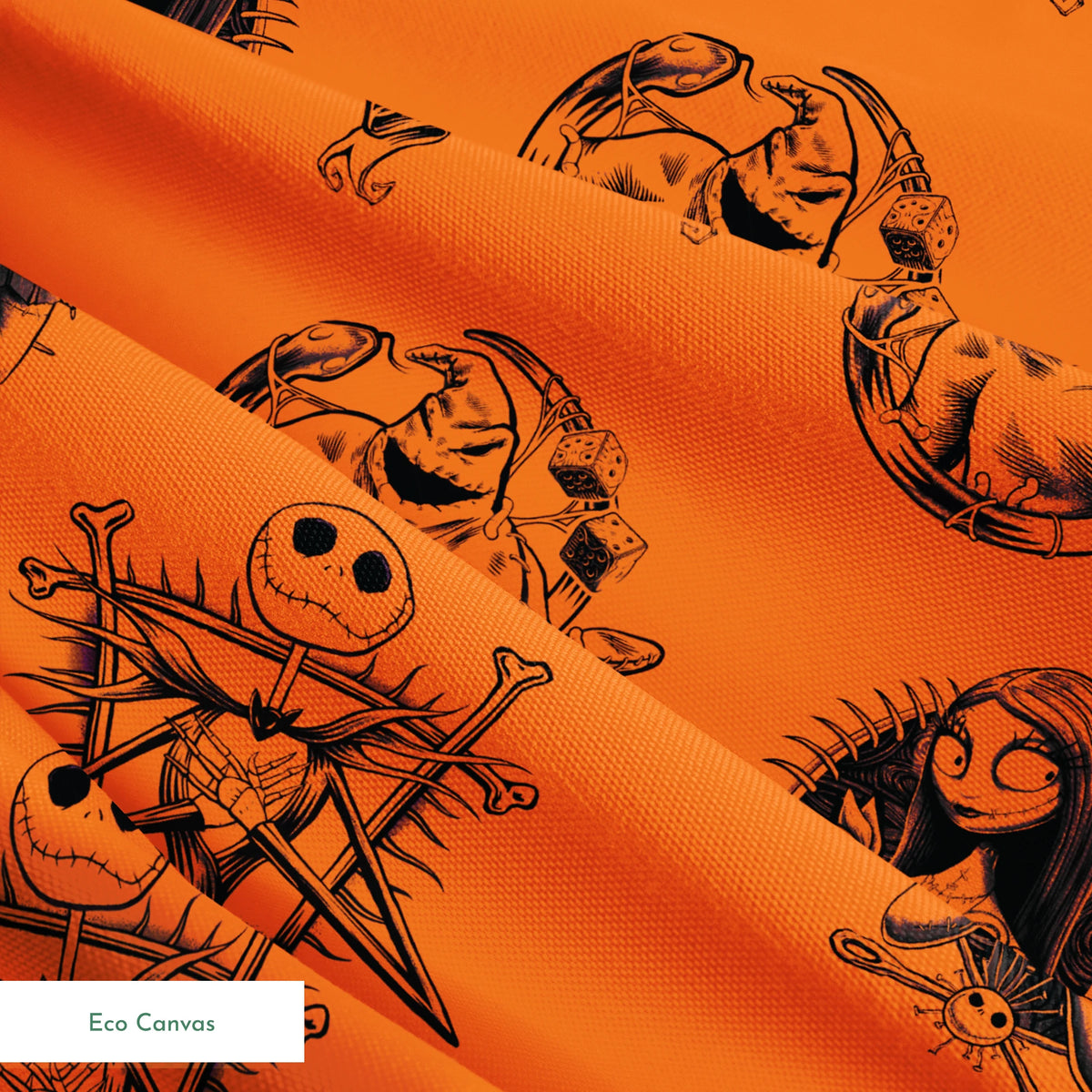 Halloween-themed pattern with spooky characters including Jack Skellington on bright orange background springs ecocanvas texture