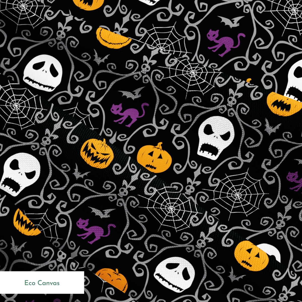 Nightmare Before Christmas pattern with skulls, pumpkins, bats and ornate swirls on black background springs ecocanvas texture