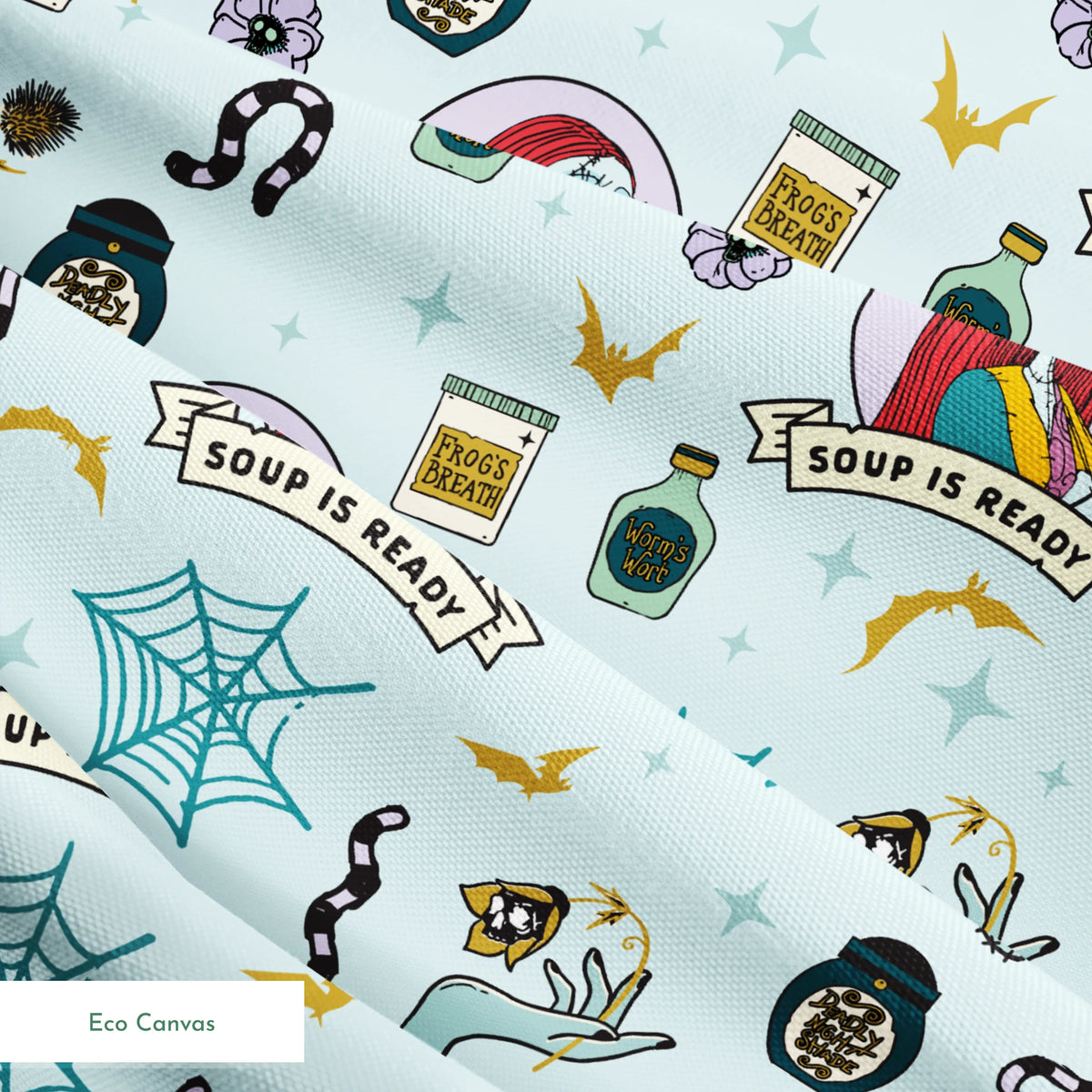 Whimsical pattern with skeletal figure in oval frame, black cats, spiderwebs, potion bottles, and "Soup is Ready" banners on light blue background. springs ecocanvas texture