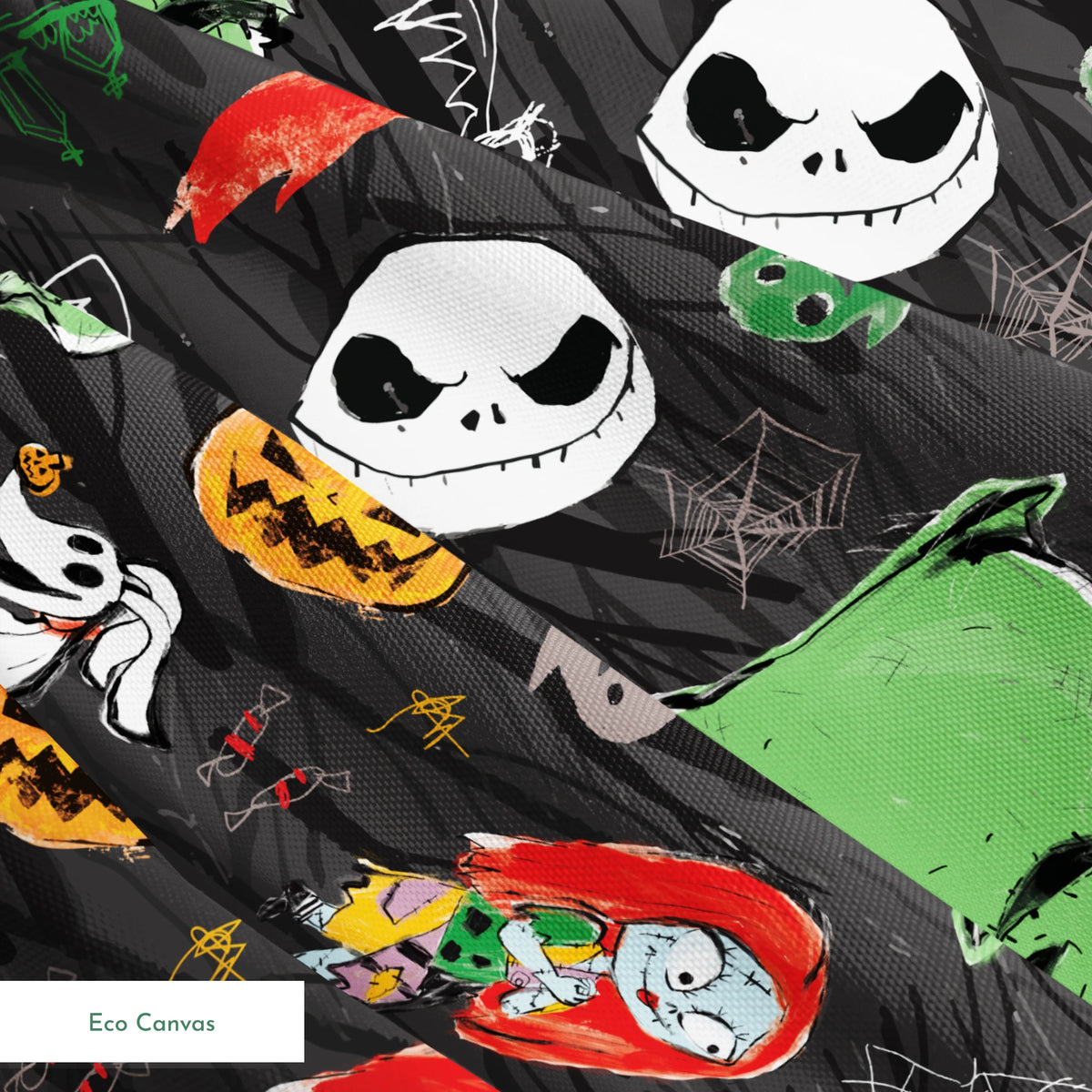 Nightmare Before Christmas pattern with Jack's face, green ghosts, orange pumpkins, spiders, and white ghosts on dark gray background springs ecocanvas texture