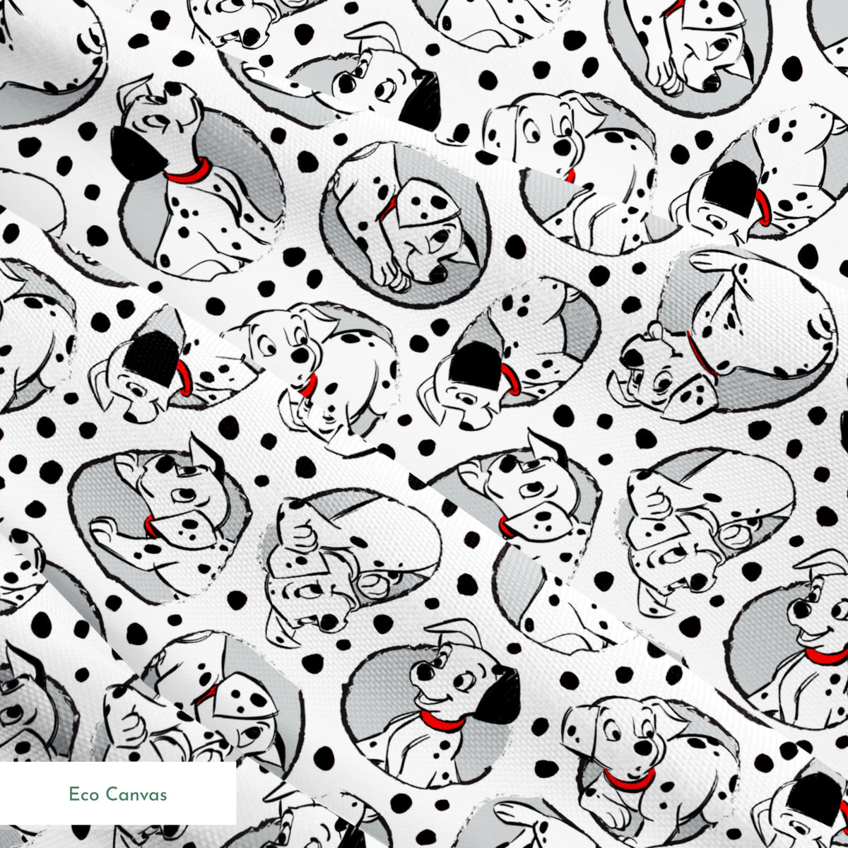 Cartoon pattern of Dalmatian puppies with black spots and red collars on white background springs ecocanvas texture