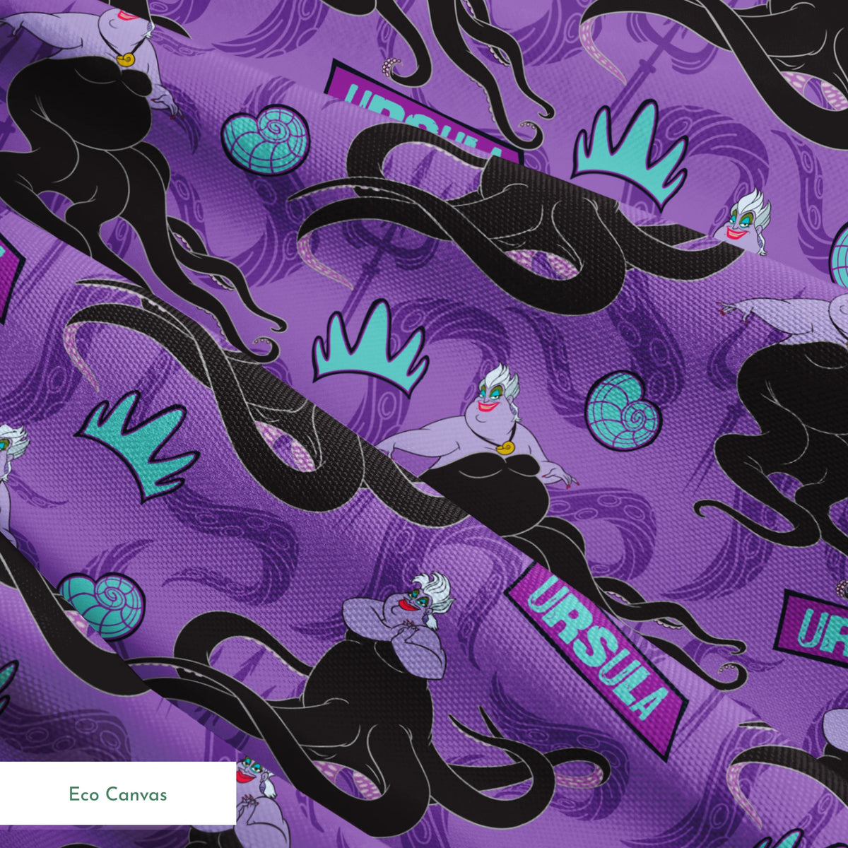 Purple background with Ursula silhouettes, tentacles, turquoise crowns, and name plates in repeating pattern springs ecocanvas texture