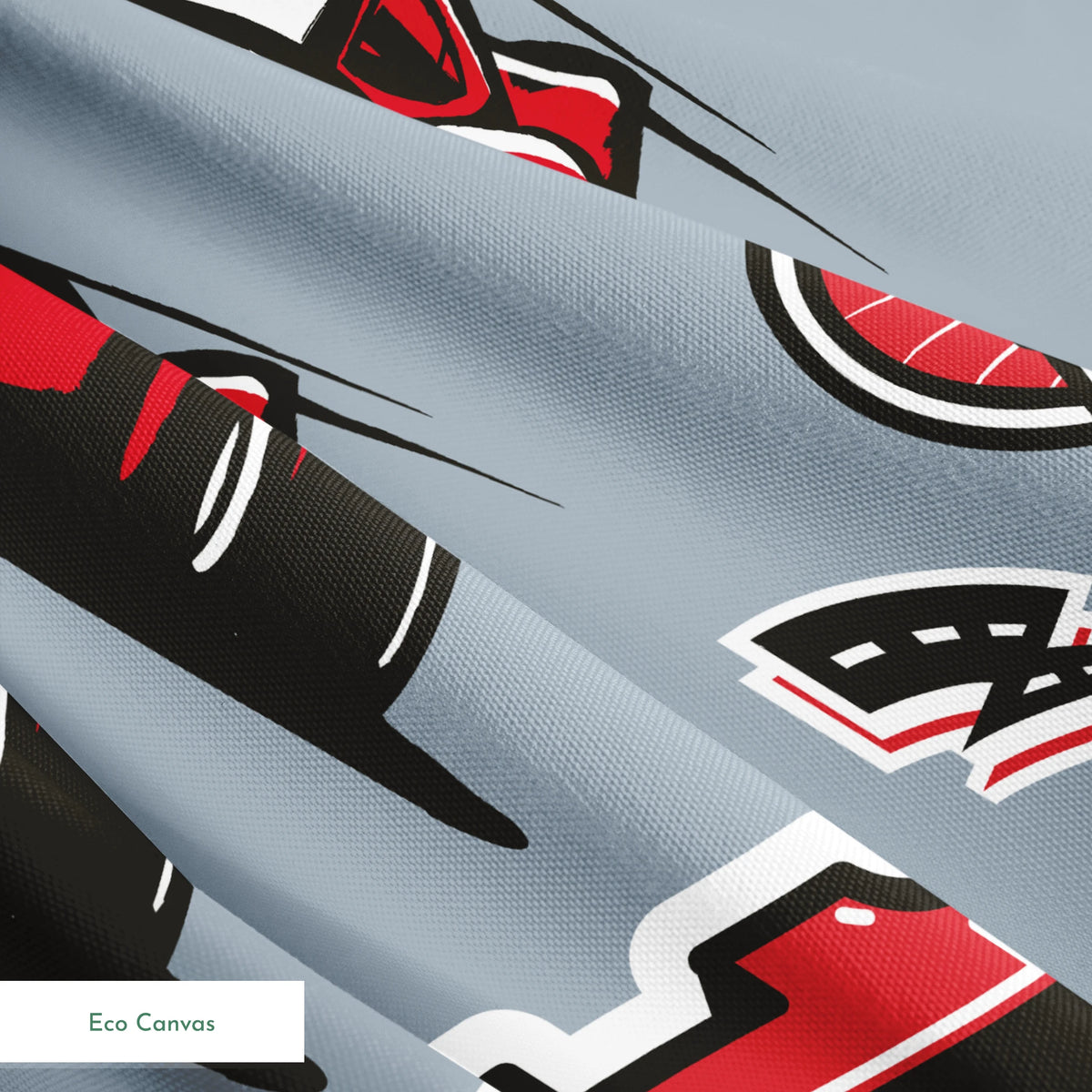 Racing pattern with red cars, checkered flags, speedometers, and racing emblems on gray background springs ecocanvas texture
