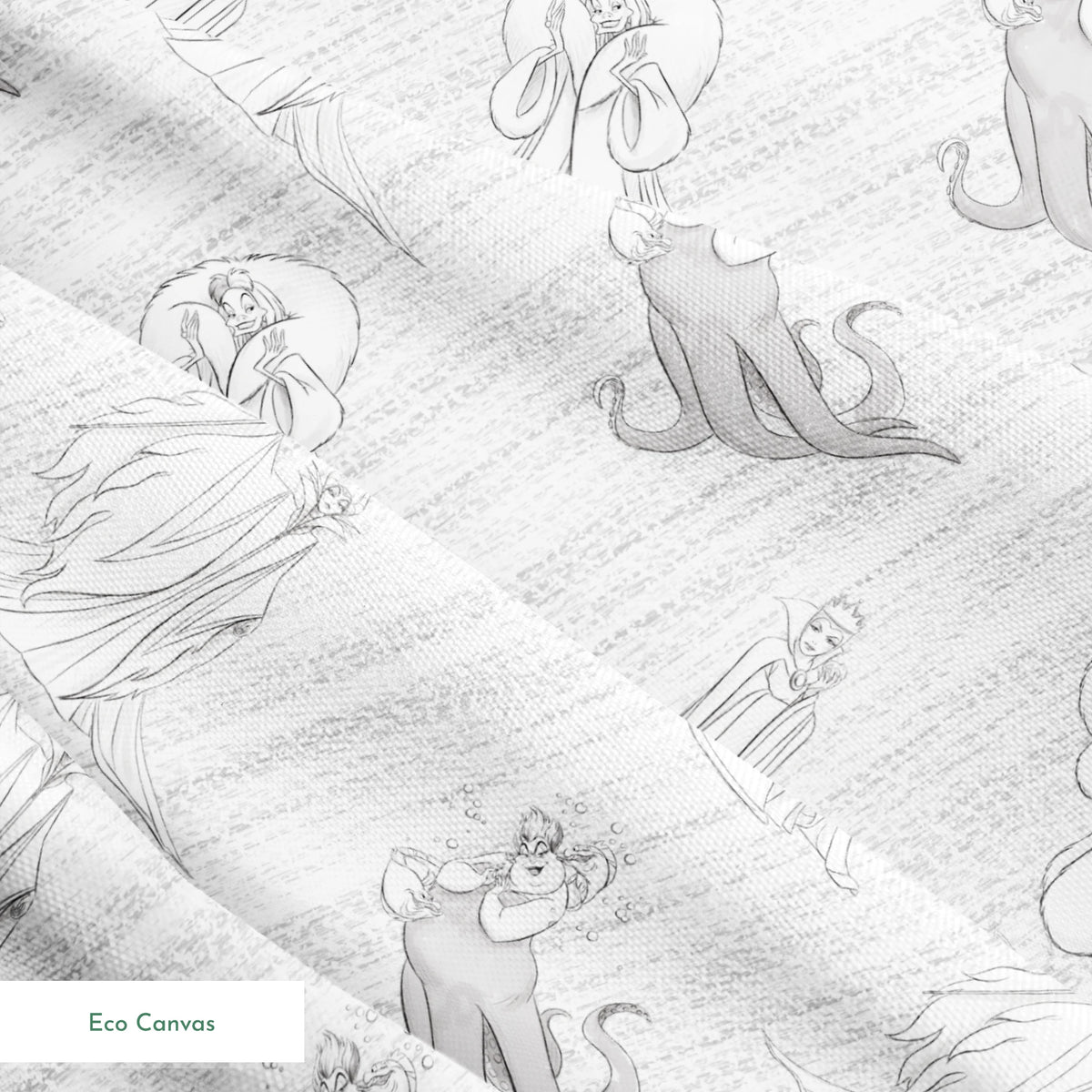 Sketched Disney villains scattered across a textured diagonal background in grayscale springs ecocanvas texture