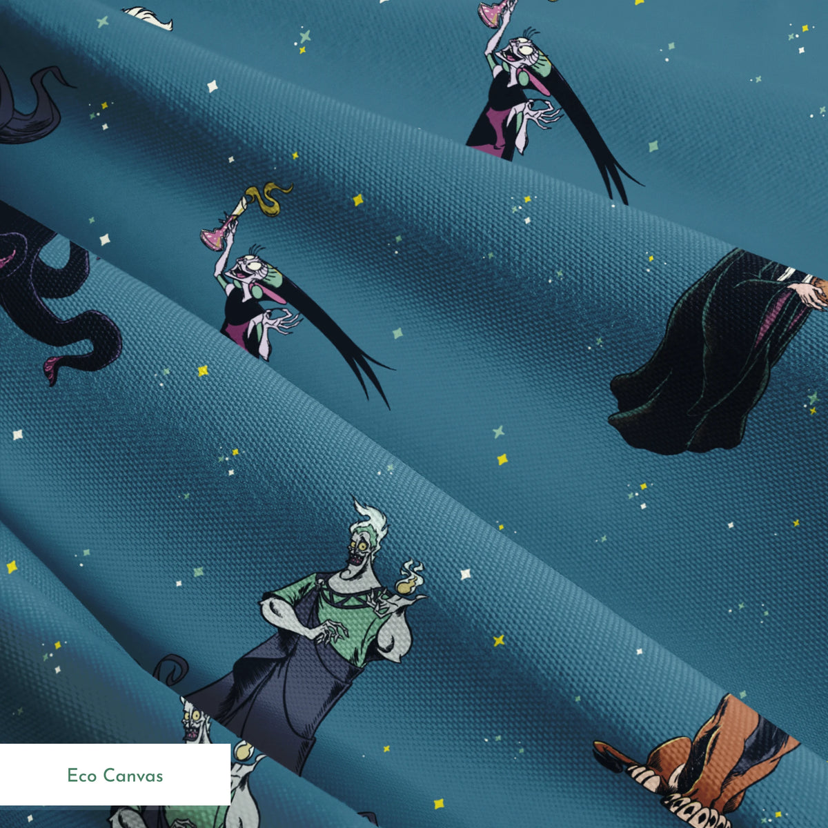 Disney villains pattern on teal background featuring Ursula, Maleficent, Cruella, and Scar in various poses springs ecocanvas texture