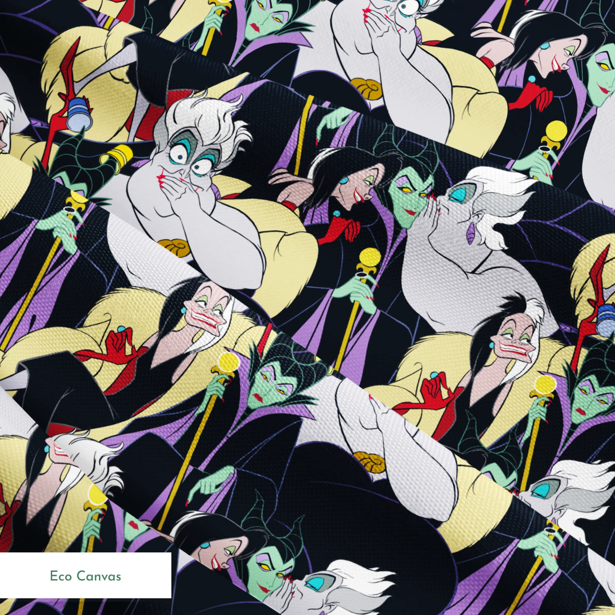 Colorful pattern of Disney villains including Ursula, Maleficent, and Cruella de Vil on dark background springs ecocanvas texture