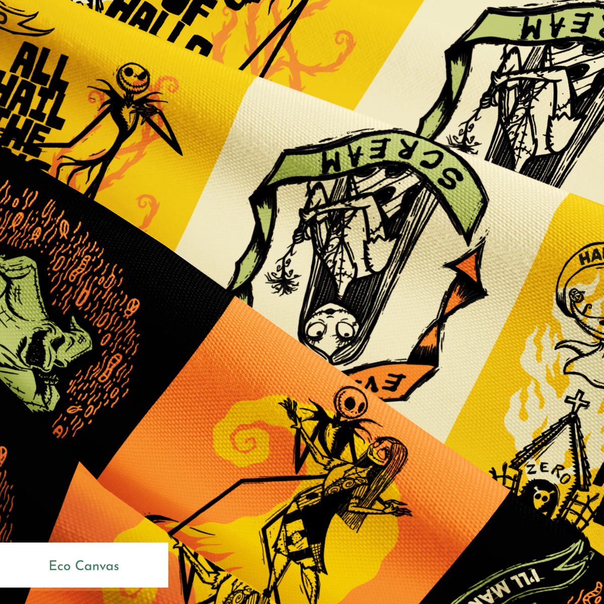 Four stylized Nightmare Before Christmas illustrations in a grid with yellow, green, and orange backgrounds featuring  a haunted house and gothic imagery. springs ecocanvas texture