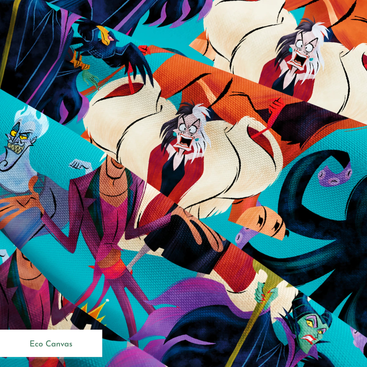 Disney Villains like Ursula, Maleficent, and Hades on a turquoise background in a colorful character pattern. springs ecocanvas texture