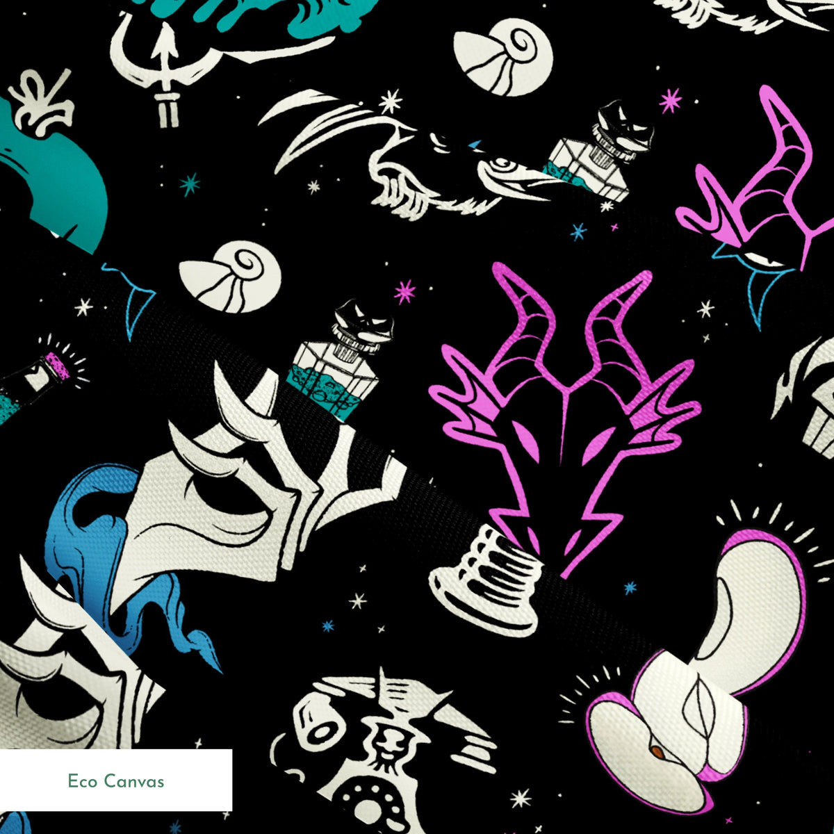 Gothic pattern with Disney villain-inspired icons like skulls, potions, and flames in teal, purple, and blue on black background. springs ecocanvas texture