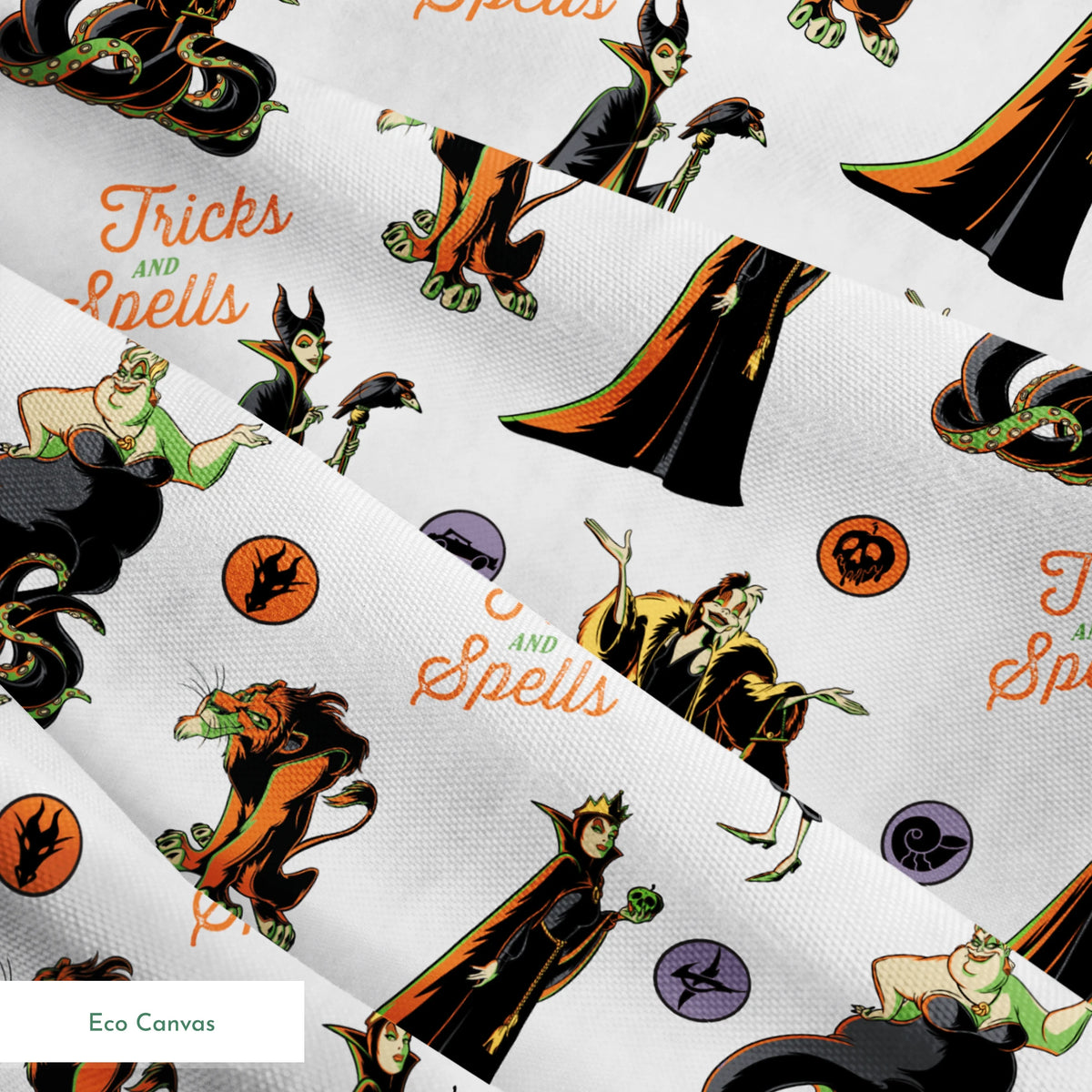 Halloween pattern with Disney villains, spells text, and magical symbols on light background springs ecocanvas texture