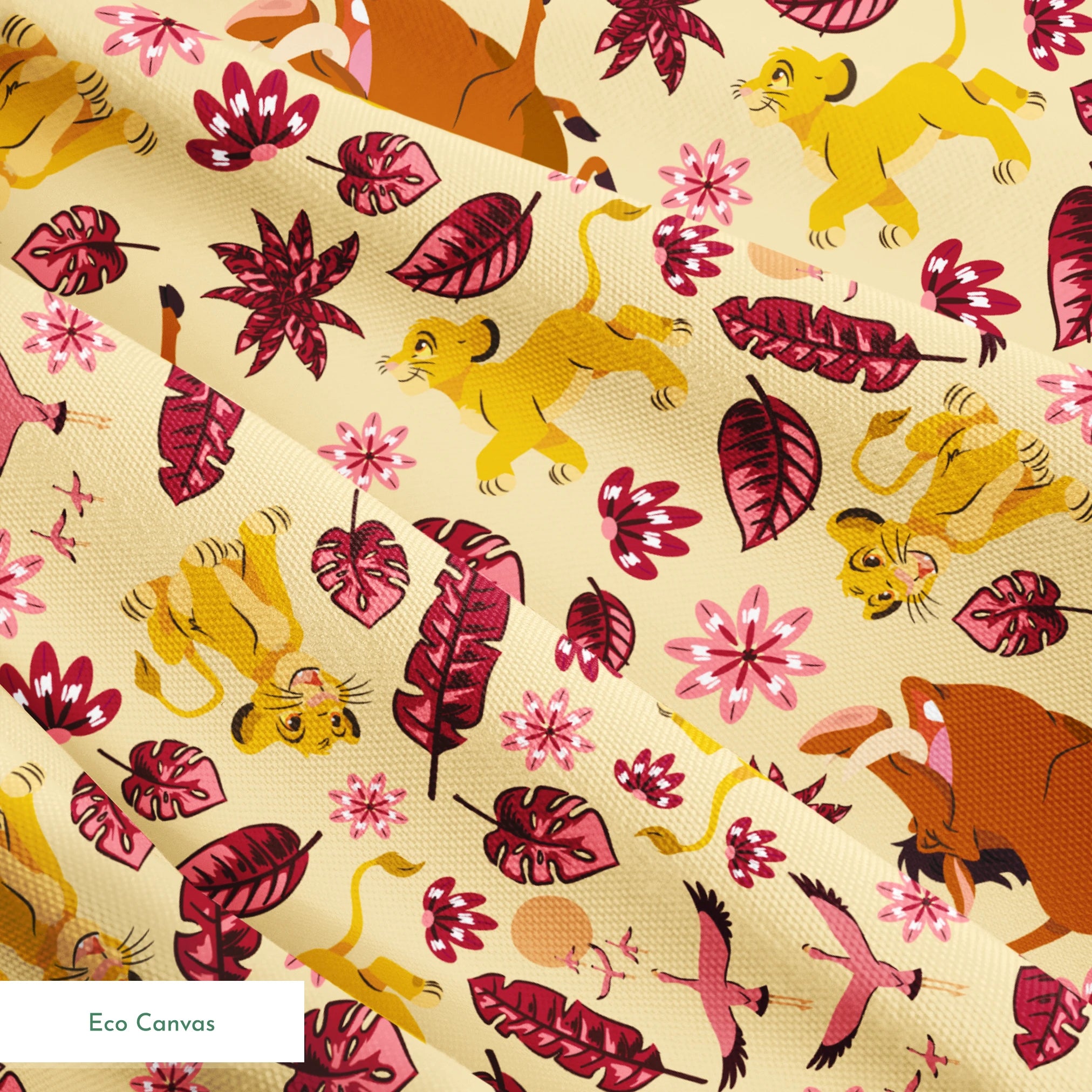 Decorative pattern with lions, gazelles, and boars in yellows and browns among maroon leaves and pink flowers springs ecocanvas texture
