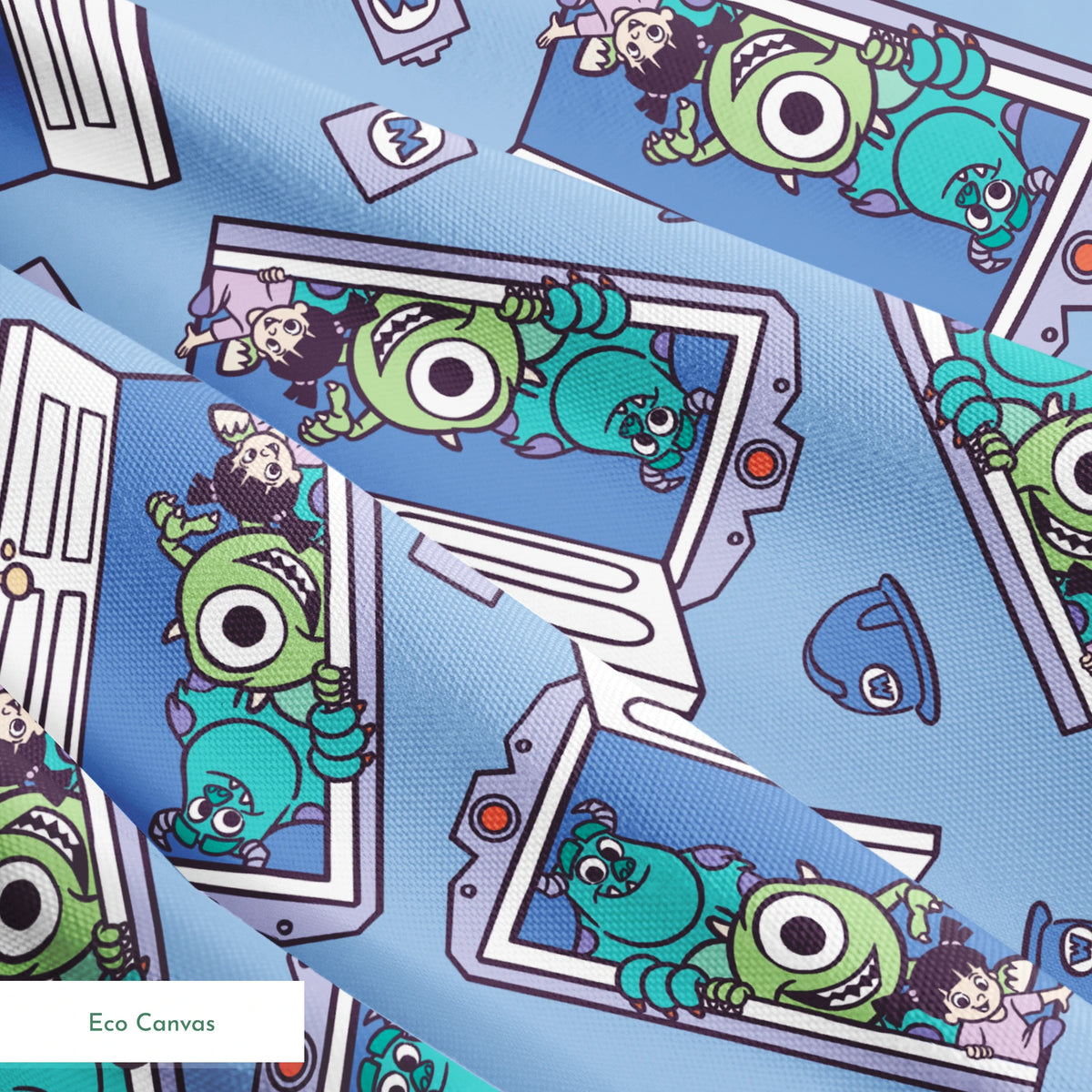 Monsters Inc characters Mike and Sully peeking through doorways on blue background pattern springs ecocanvas texture