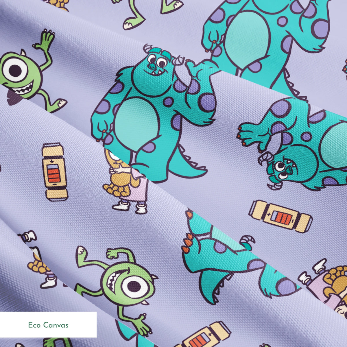 Cartoon pattern of Monsters Inc characters - Mike, Sulley, and Boo - on a purple background springs ecocanvas texture