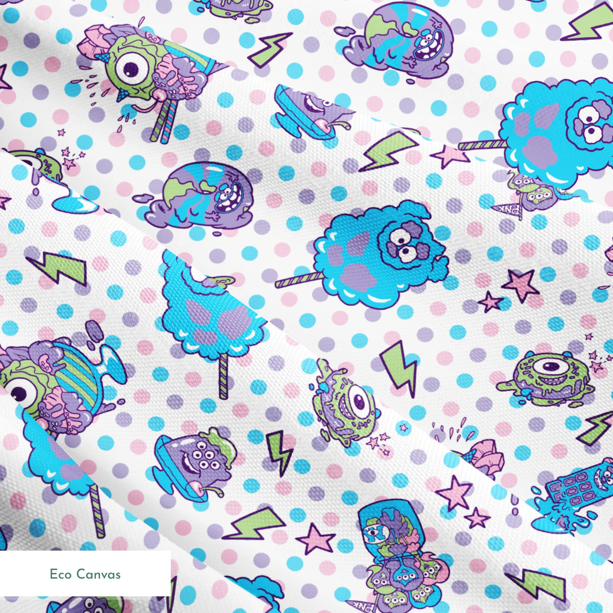 Monsters Inc inspired desserts, stars and lightning bolts on polka dot background springs ecocanvas texture