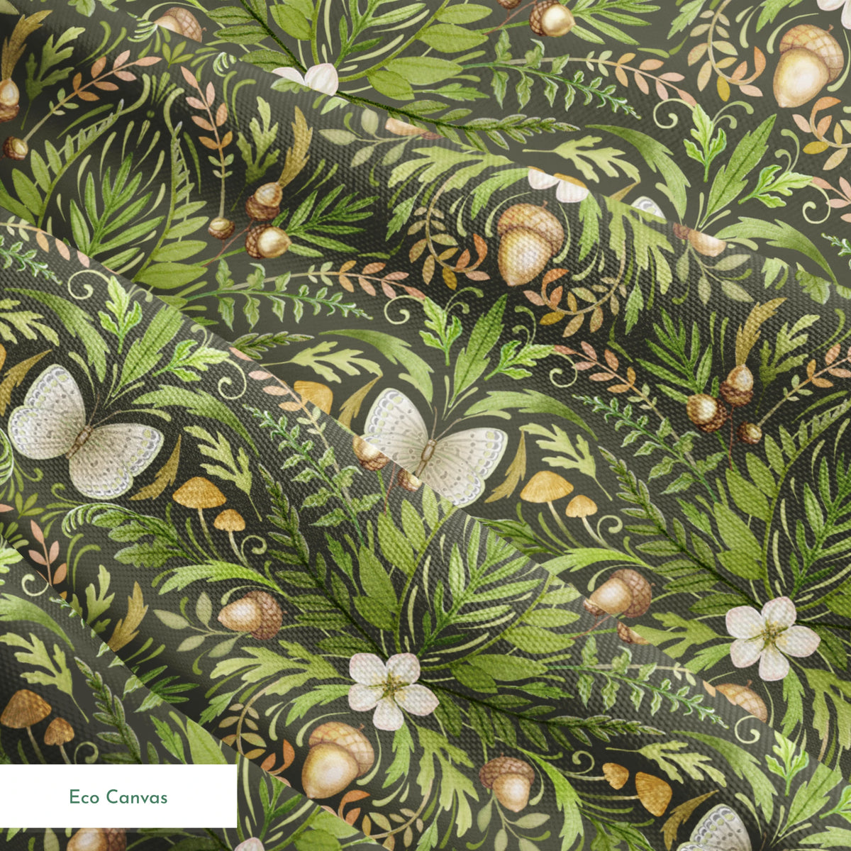 Symmetrical botanical pattern with green foliage, white flowers, and brown accents on dark background springs ecocanvas texture