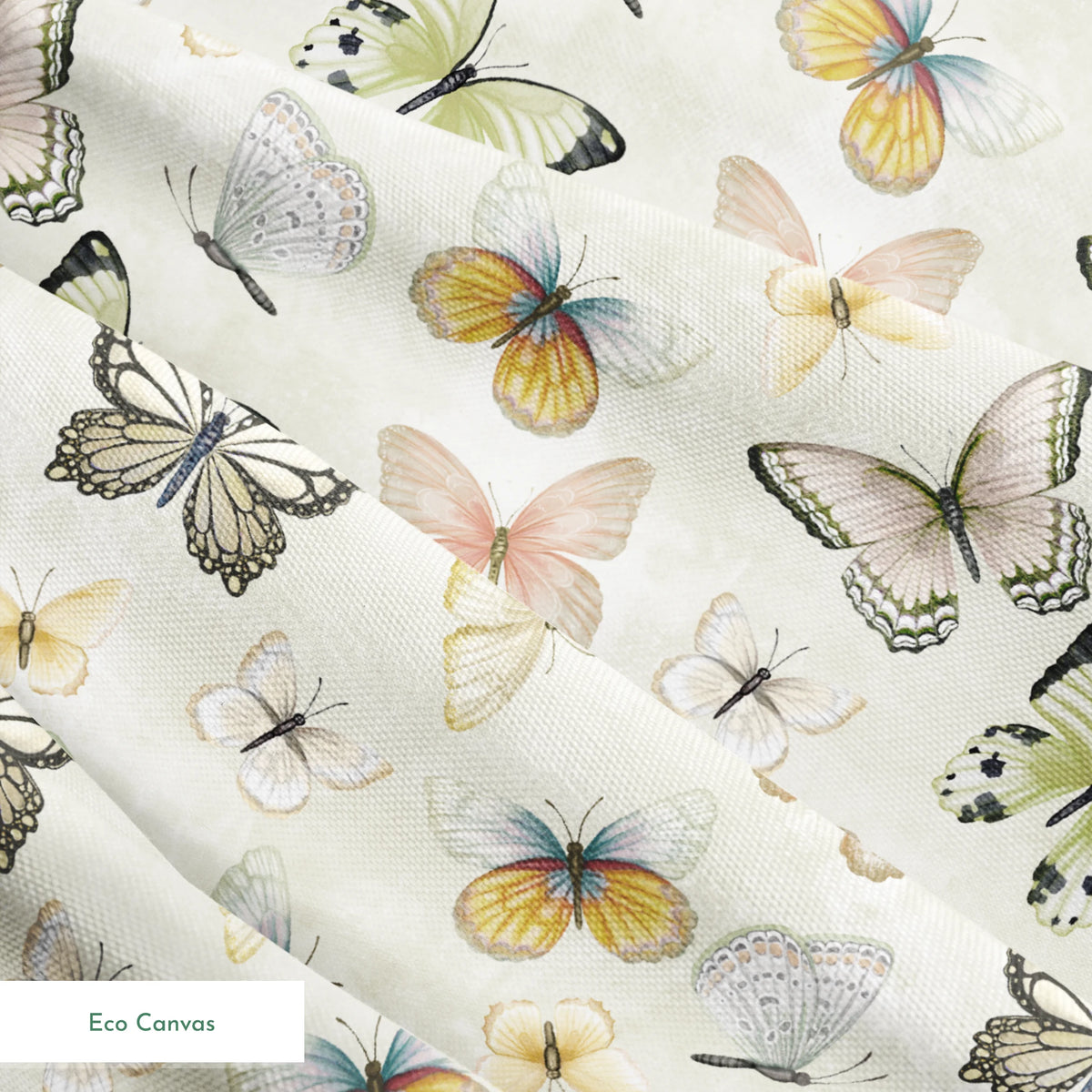 Hand-illustrated pastel butterflies in pink, blue, yellow, and sage on a cream background in a botanical-style Nicole Tamarin design. springs ecocanvas texture