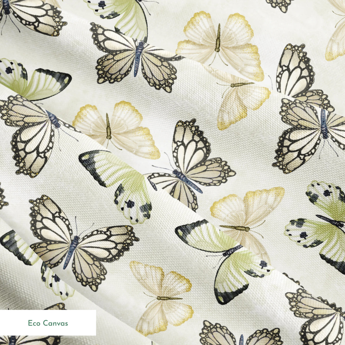 Illustrated butterfly pattern by Nicole Tamarin with soft sage green and neutral tones on a textured cream background. springs ecocanvas texture