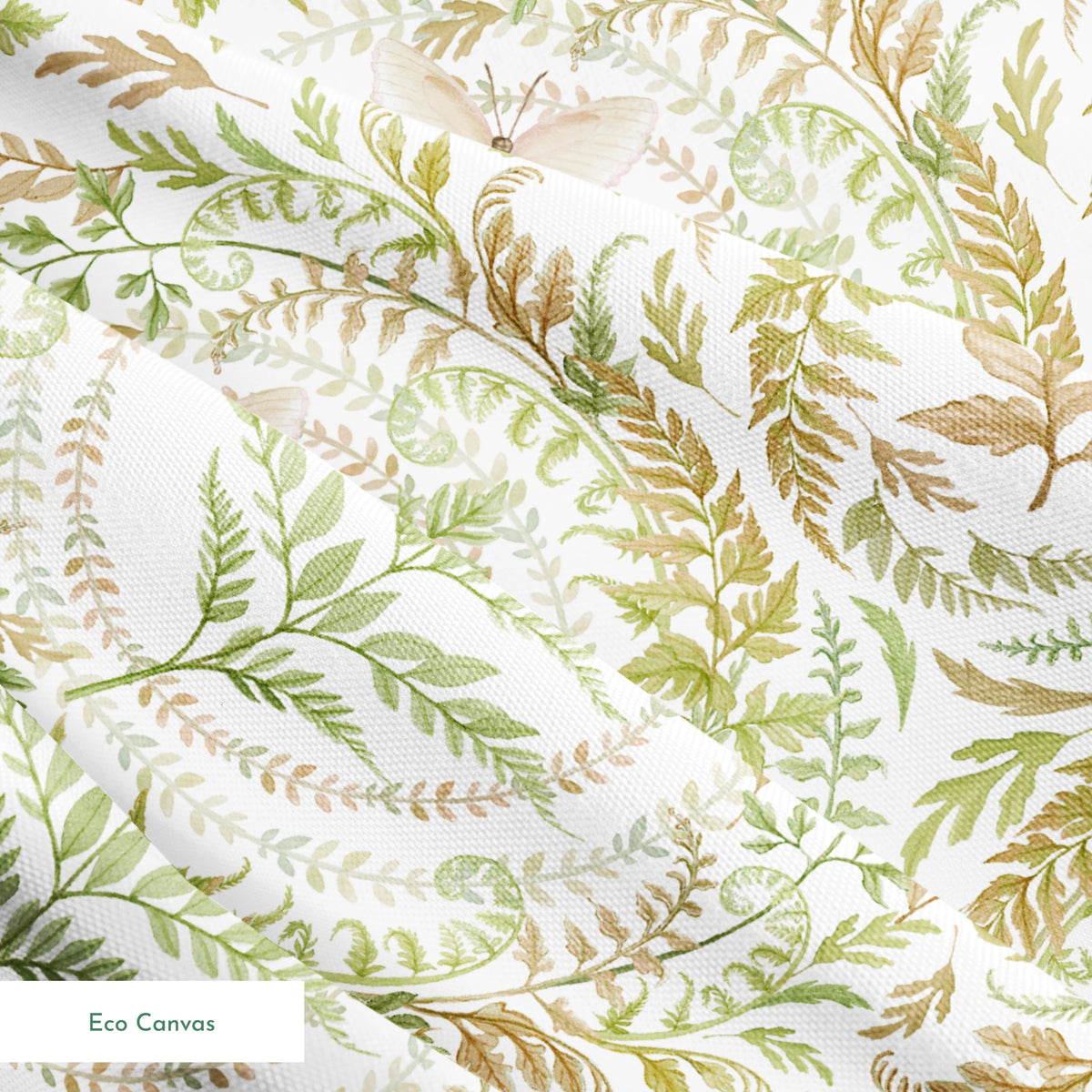 Circular botanical design featuring green ferns and blush butterflies on a white background in a Nicole Tamarin pattern. springs ecocanvas texture