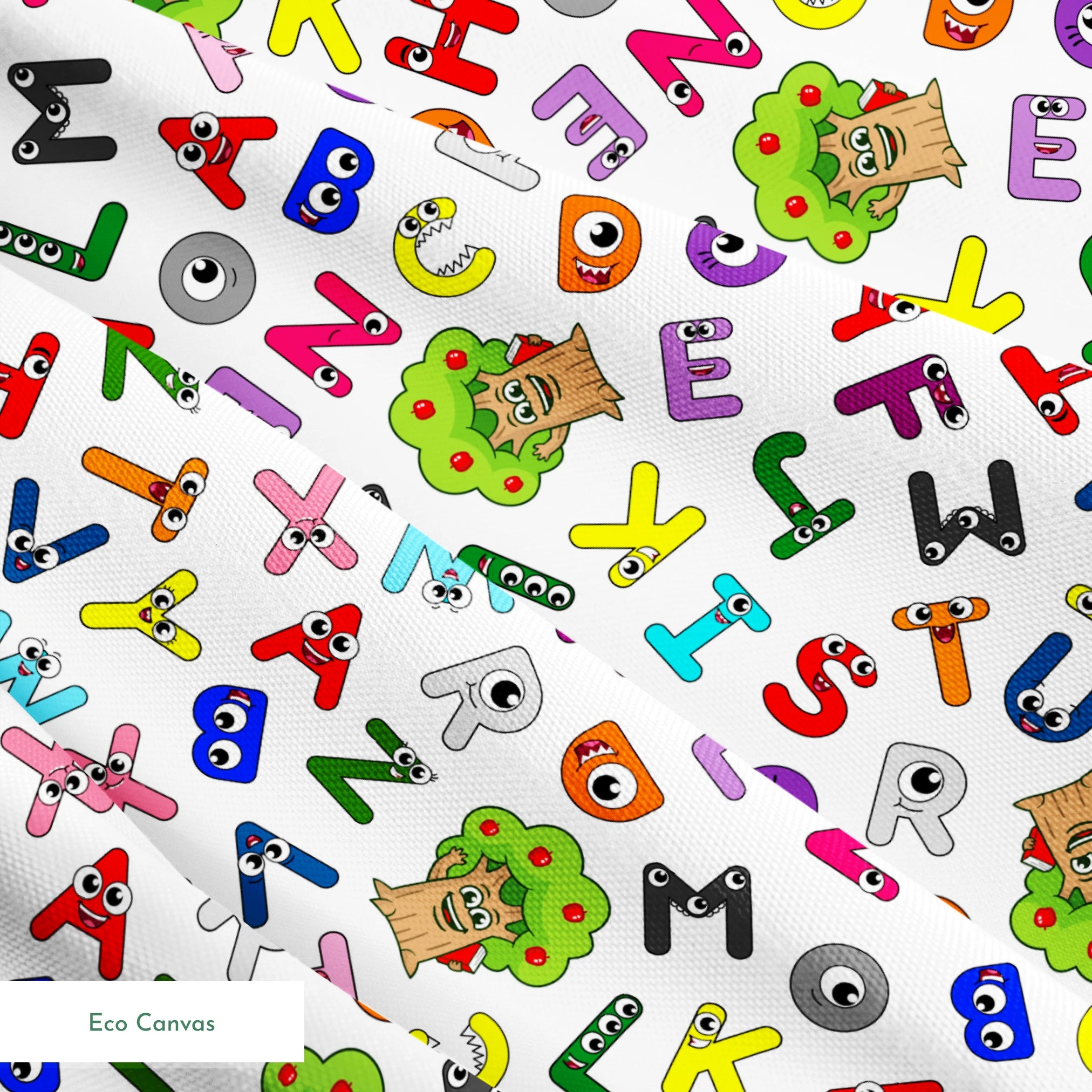 Colorful cartoon alphabet letters scattered randomly on white background with small monster characters springs ecocanvas texture