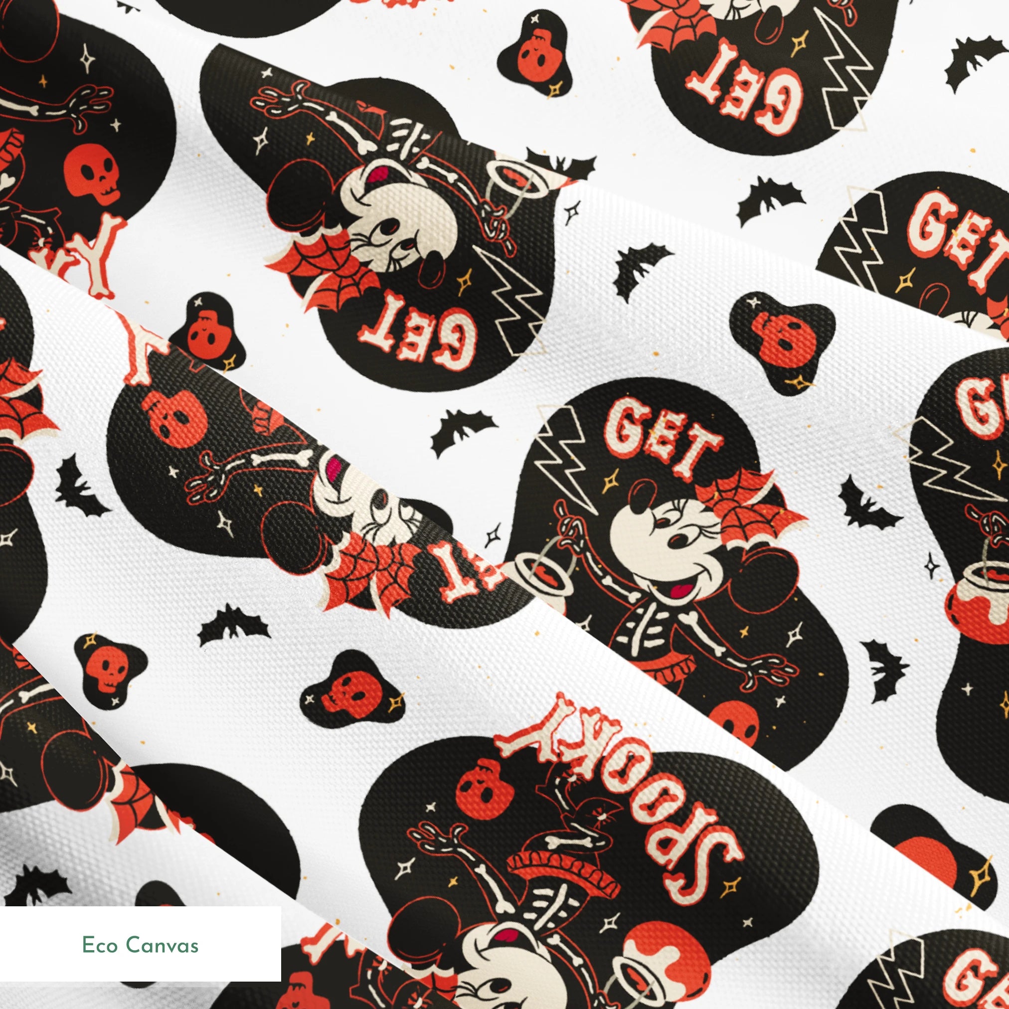 Halloween pattern with Minnie Mouse shapes, "Get Spooky" text, skulls, bats, and hearts on white background springs ecocanvas texture