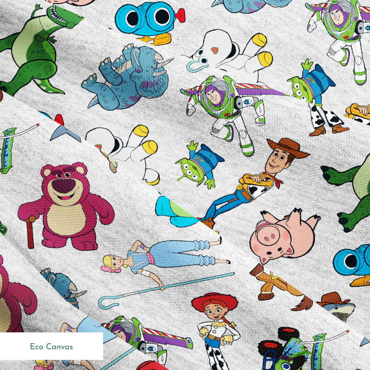 Colorful pattern of various animated Toy Story characters on a light speckled background springs ecocanvas texture