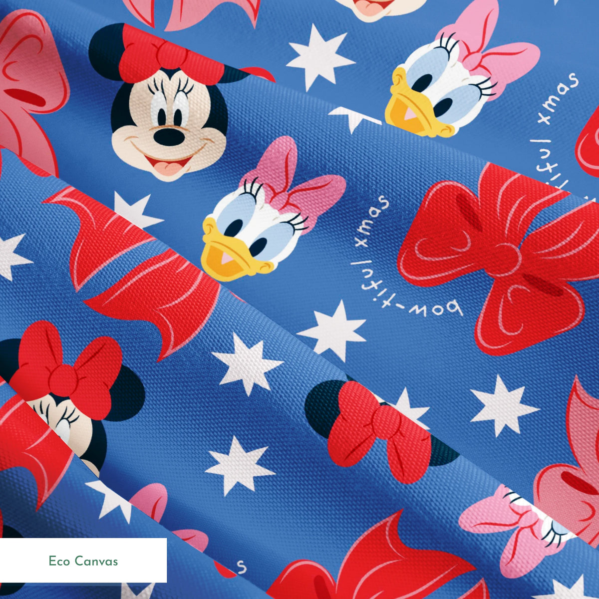 Disney character pattern with Minnie Mouse, Daisy Duck, and pink/red bows on blue background with white stars springs ecocanvas texture